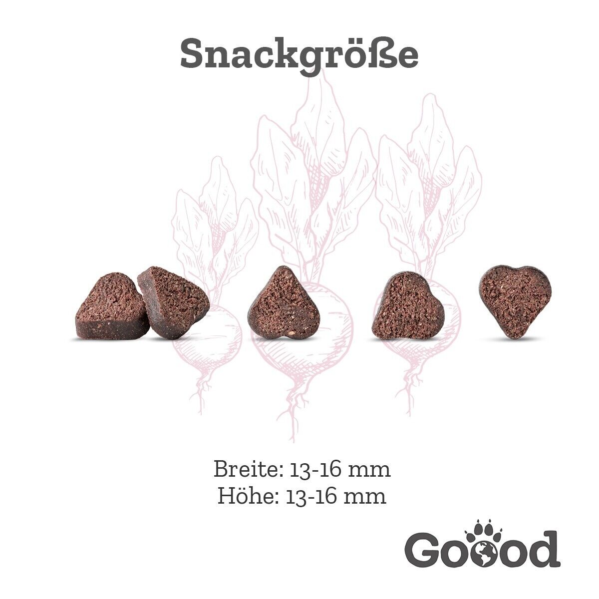 Herzförmige Snacks vor skizzierten Pflanzen, als "Snackgröße" gekennzeichnet. Text: "Breite: ca. 15 mm, Höhe: ca. 15 mm" und die Marke Goood.