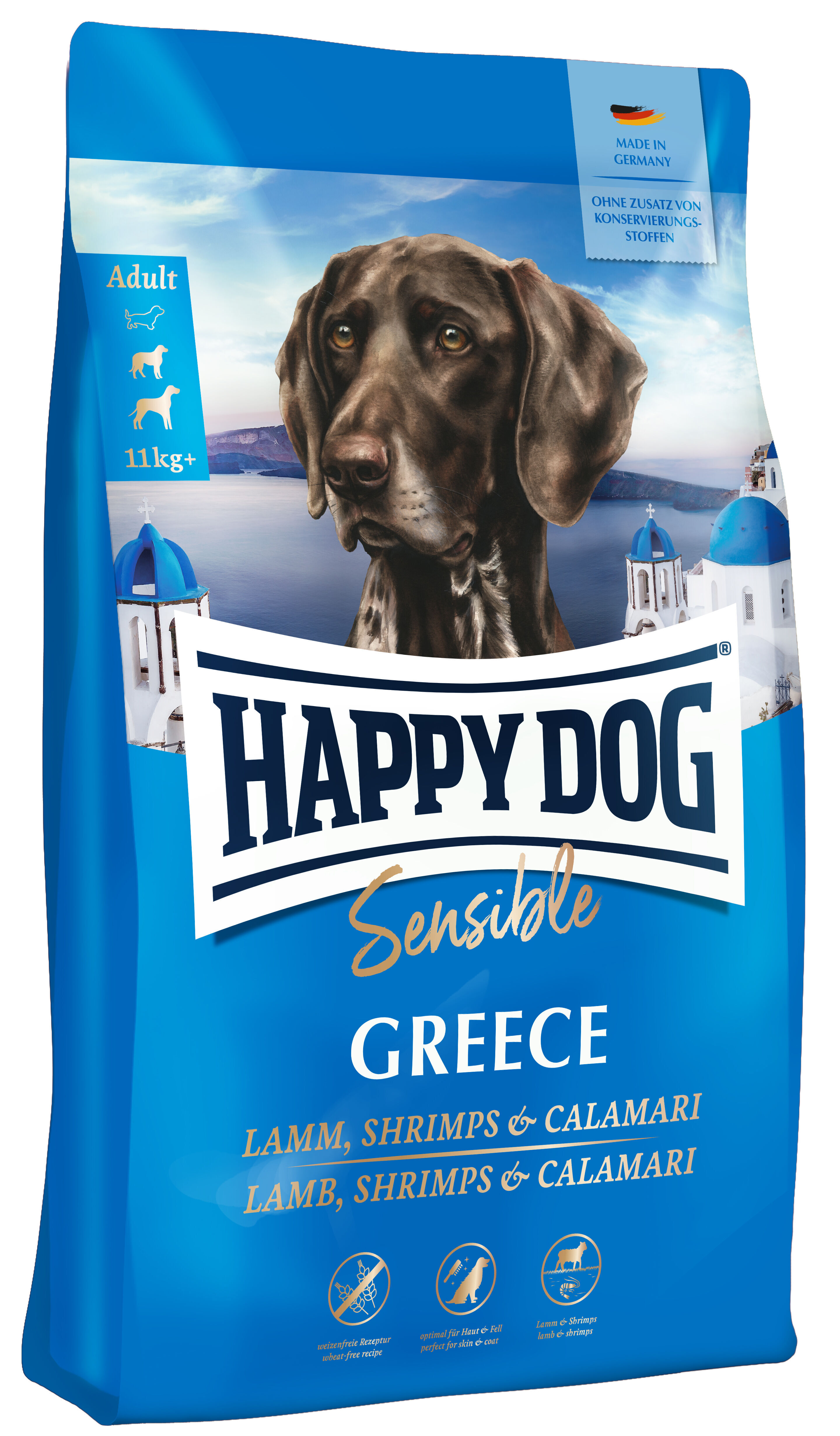 Blauer Happydog-Sensible-Beutel zeigt großen Hund, Ozeanhintergrund und griechische Architektur. Text: "GREECE LAMM, SHRIMPS & CALAMARI". Enthält keine Konservierungsstoffe, hergestellt in Deutschland, für erwachsene Hunde.