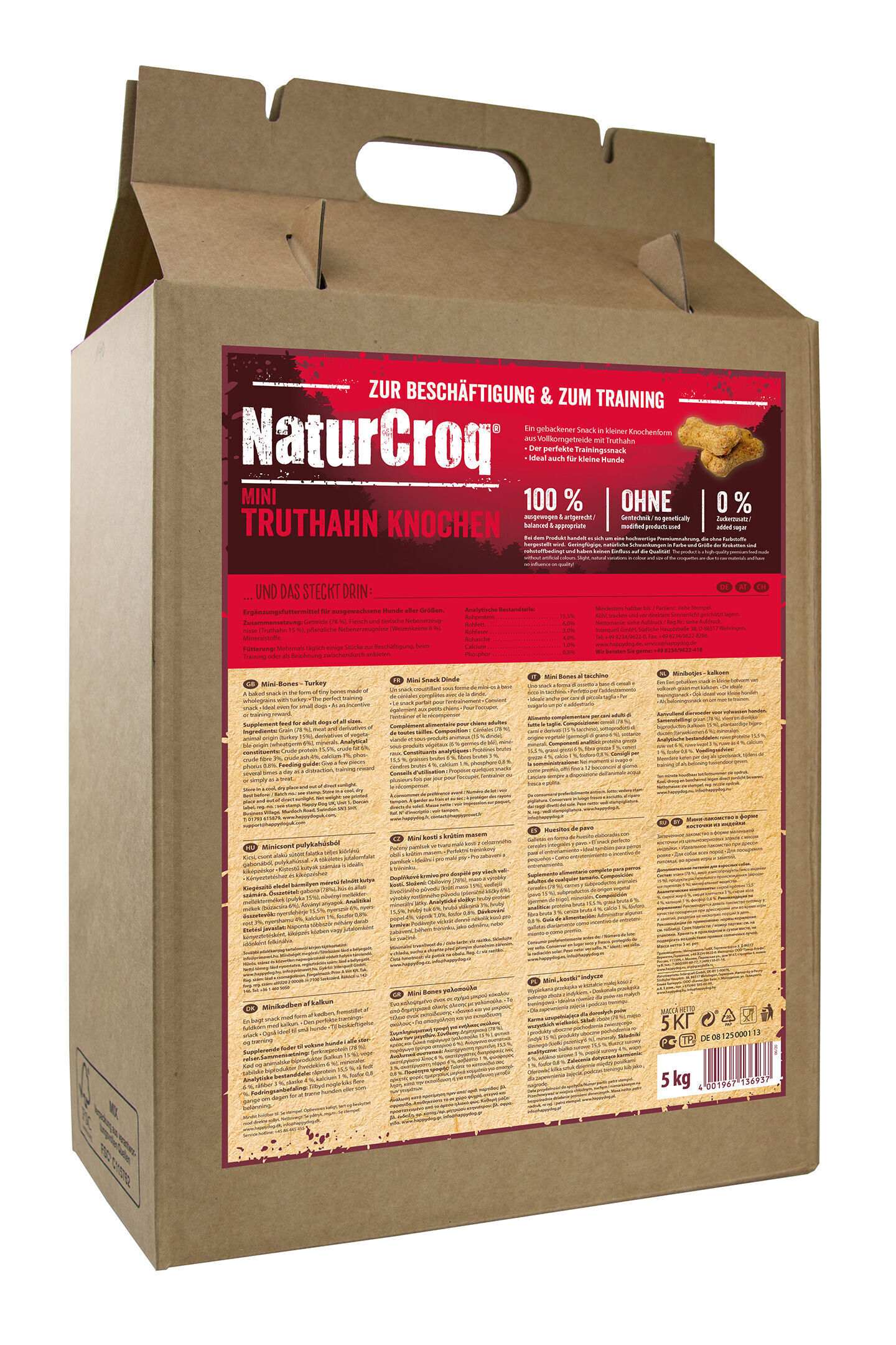 Braune Verpackung mit rotem Etikett, Text: "Zur Beschäftigung & zum Training, NaturCroq Mini Truthahn Knochen". Enthält Inhaltsangaben, Details zu einem Hundesnack in Knochenform.