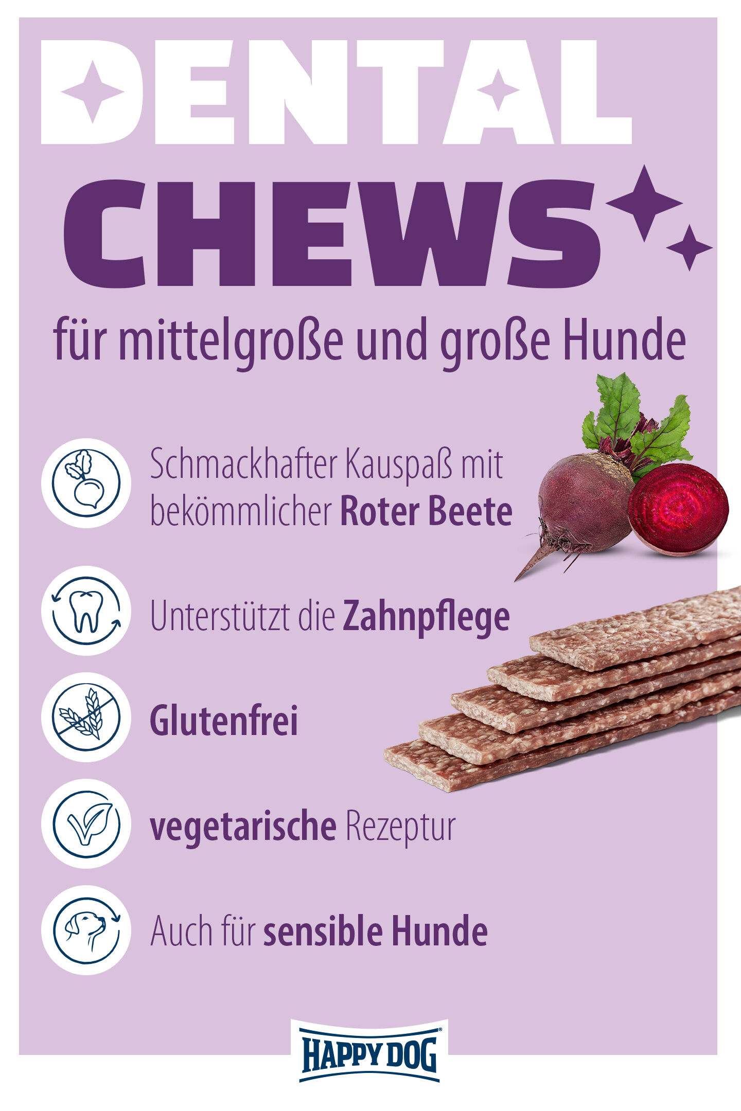 Produktvorteile der Dental Chews Kaustangen von Happy Dog mit Zahnpflegeeffekt für Hunde