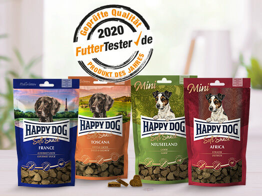 Darstellung von Happy Dog Snacks, welche von FutterTester zum Produkt des Jahres 2020 ausgezeichnet wurden.