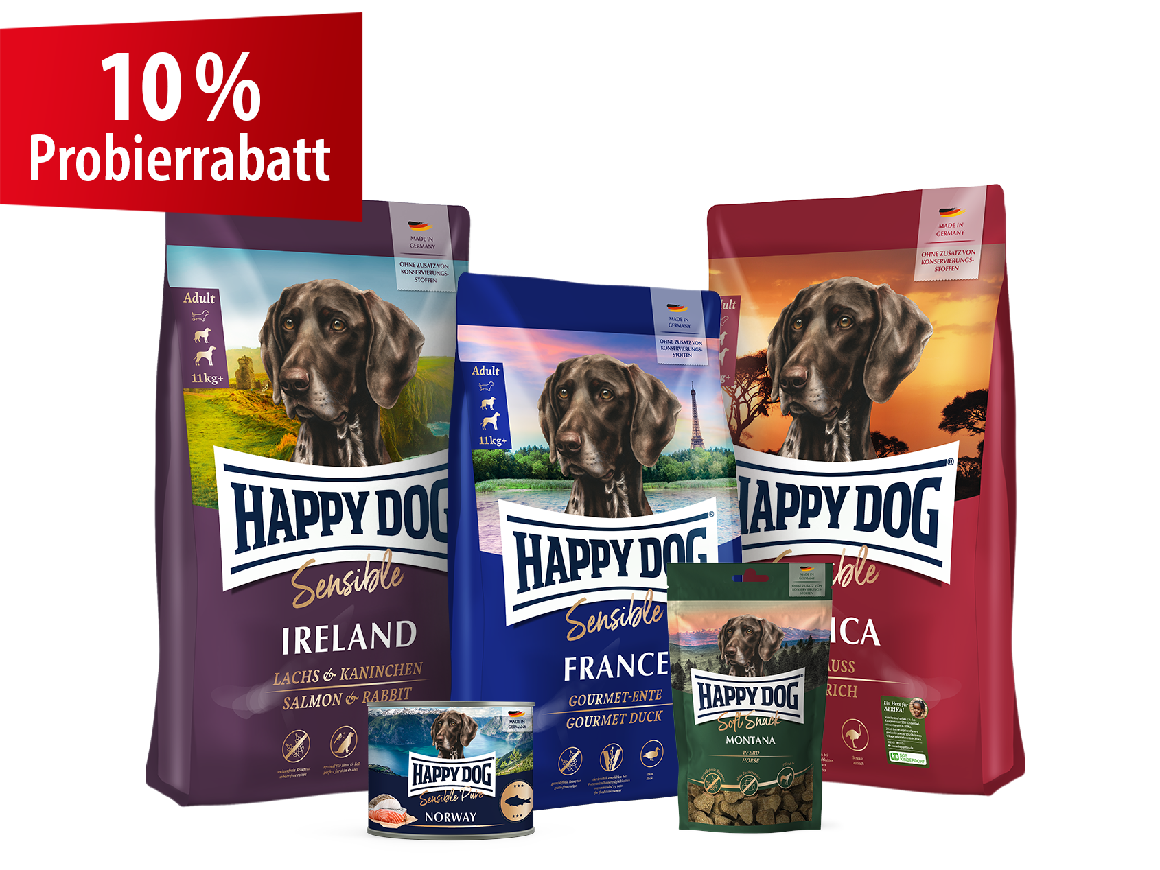Produkte der Marke Happy Dog mit dem Schriftzug 10% Probierrabatt werden abgebildet.