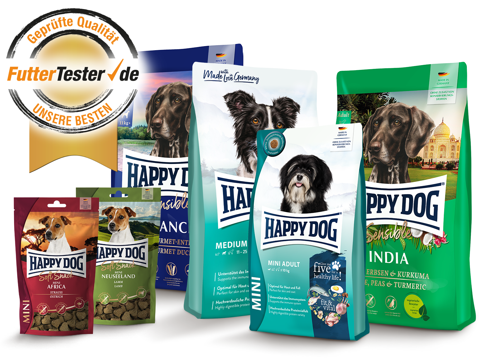 Darstellung von Produkten der Marke Happy Dog, welche von FutterTester mit dem Label Unsere Besten ausgezeichnet wurden.