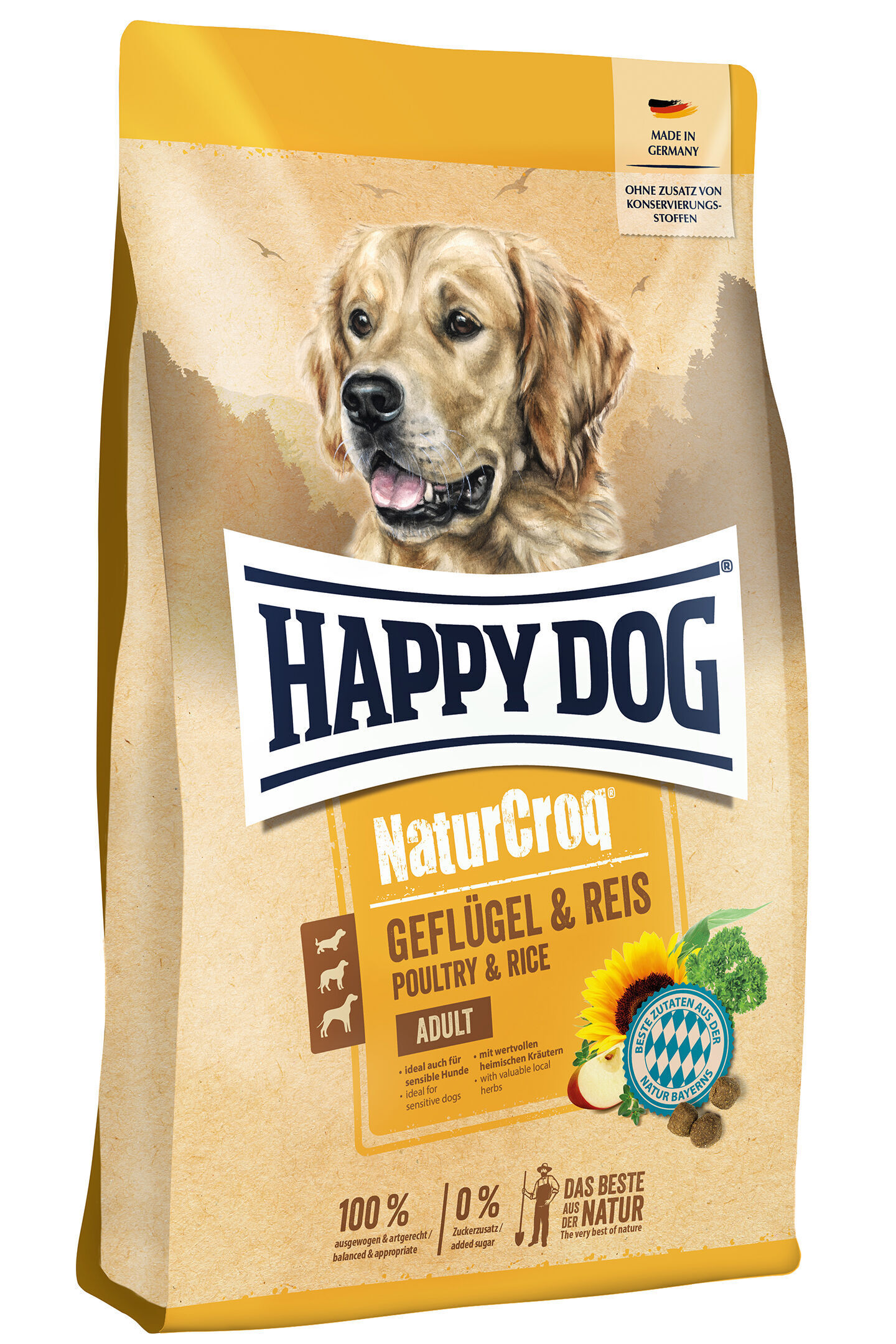 Verpackung von Happy Dog NaturCroq Trockenfutter für erwachsene Hunde, Geschmack Geflügel & Reis. Enthält lokale Kräuter, ohne Zuckerzusatz, hergestellt in Deutschland. Verpackung zeigt Hundebild.