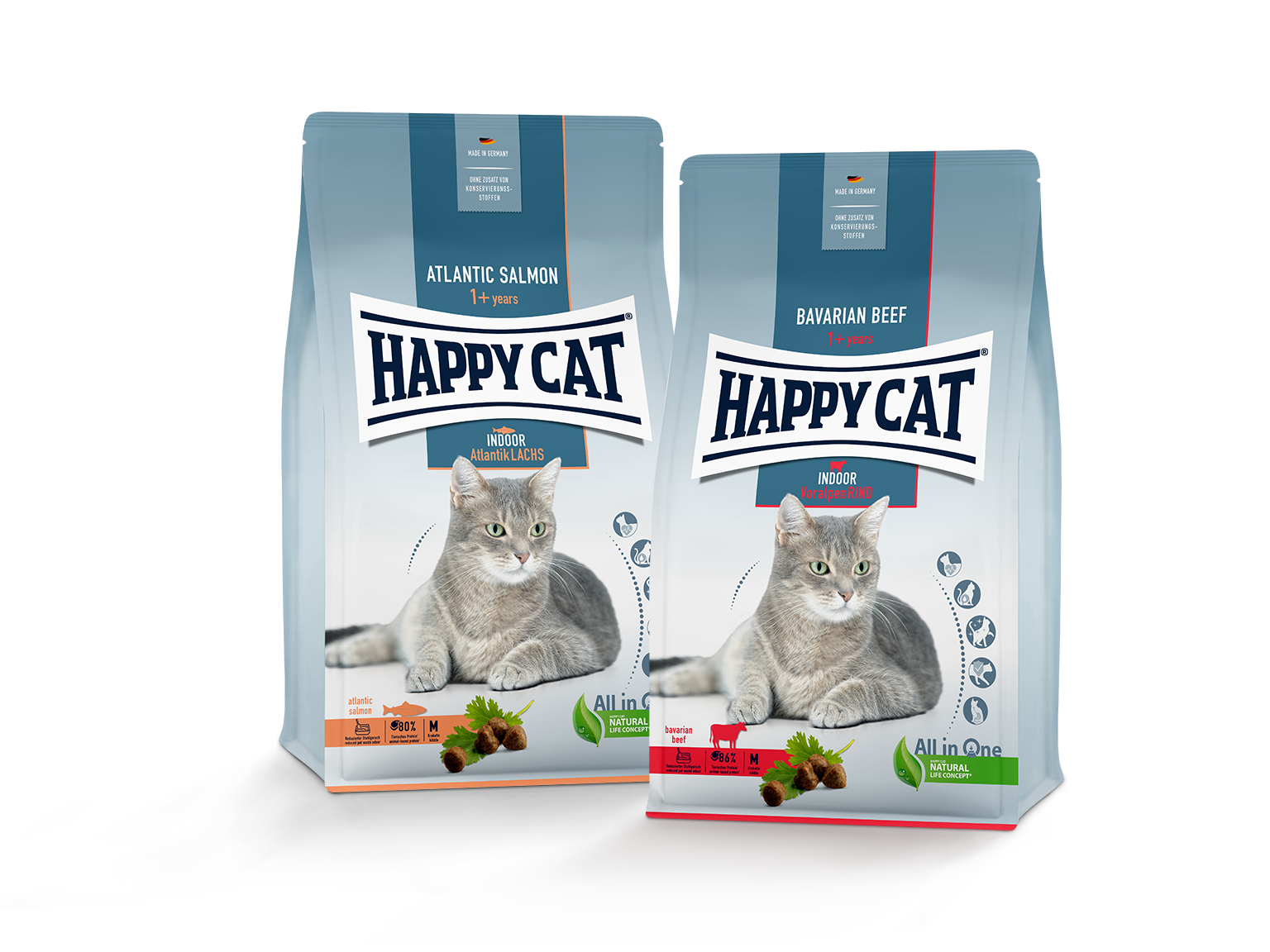 Zwei Packungen Happy Cat Indoor Trockenfutter