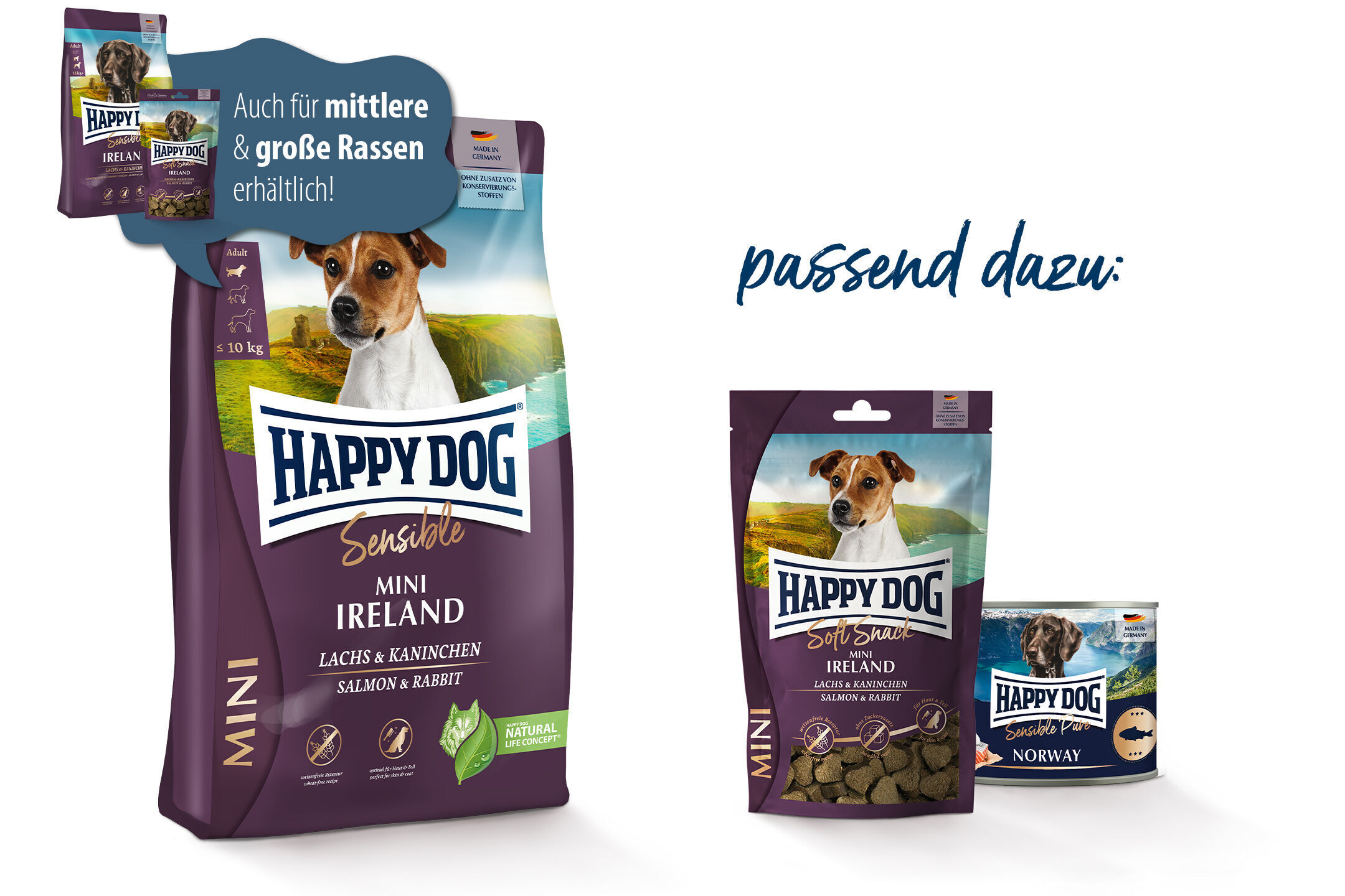 Hundefuttermarke "Happy Dog" mit verschiedenen Verpackungen und Geschmacksrichtungen: Lachs und Kaninchen. Geeignet für mittlere und große Rassen. Enthält keine Zusatzstoffe.