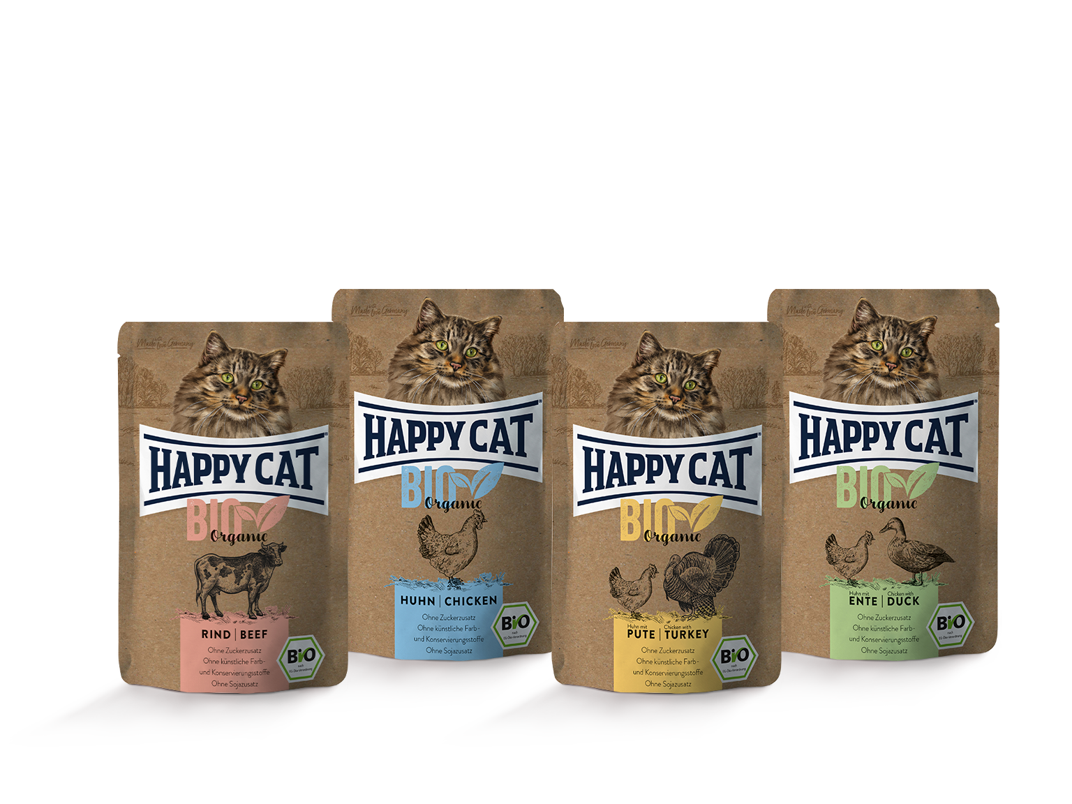 Vier Sorten Happy Cat Bio-Nassfutter