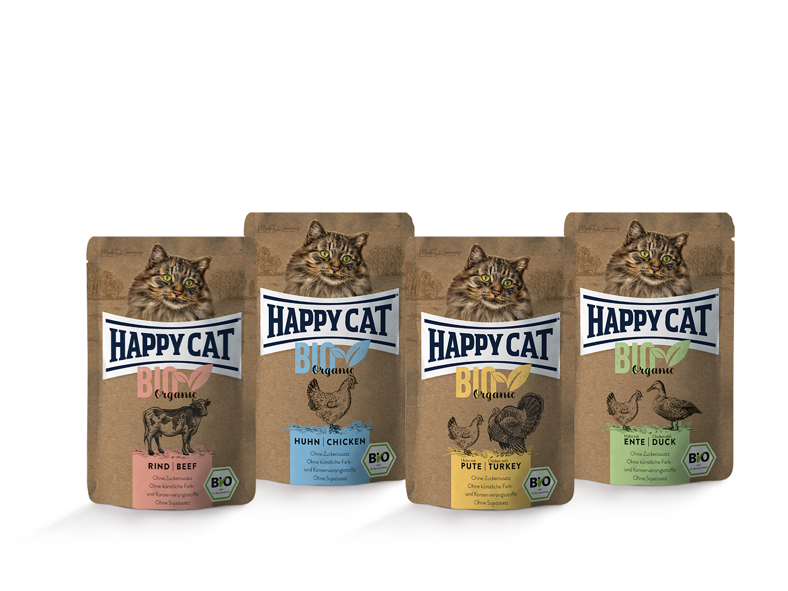 Vier Verpackungen von "Happy Cat" Bio-Katzenfutter mit verschiedenen Geschmacksrichtungen: Rind, Huhn, Pute und Ente. Jede Packung zeigt eine Katze und Tierabbildungen.
