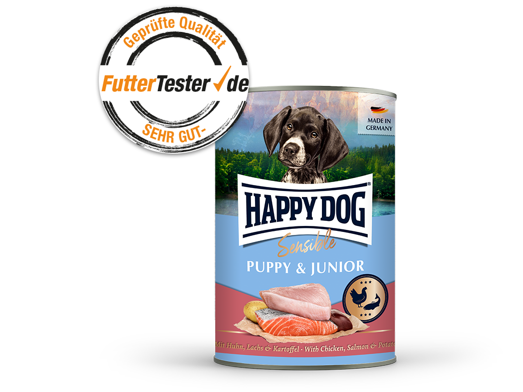 Eine Dose Sensible Puppy & Junior Nassfutter mit FutterTester Siegel
