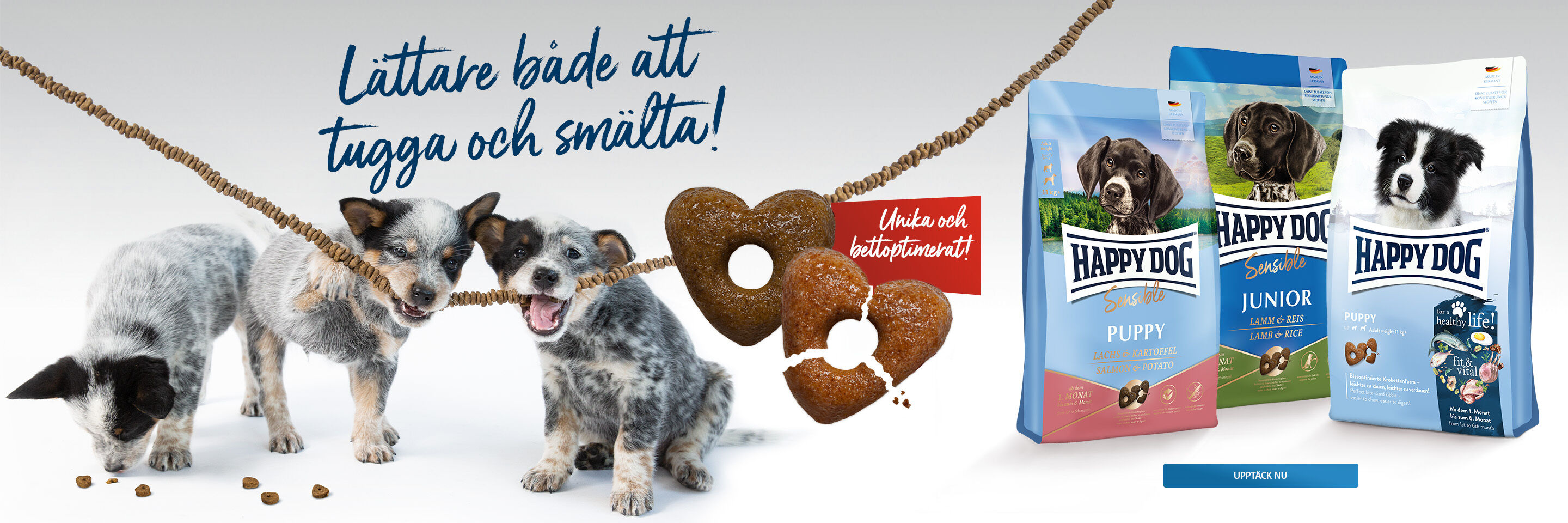 Drei Welpen kauen an einer Schnur mit Kroketten. Daneben stehen Futtersäcke von Happy Dog.