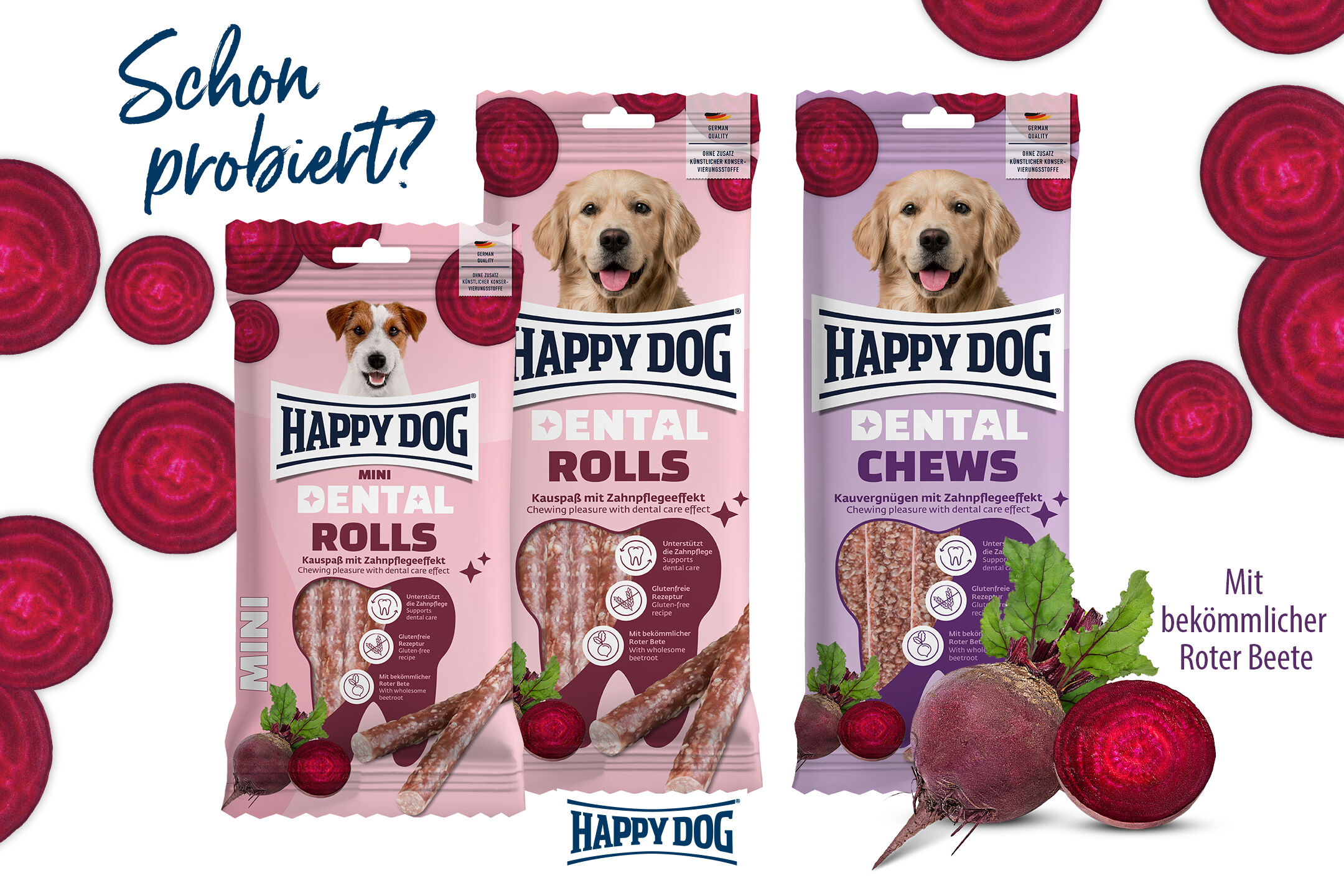 Präsentation der Dental Rolls und Dental Chews Kaustangen von Happy Dog mit Zahnpflegeeffekt für Hunde