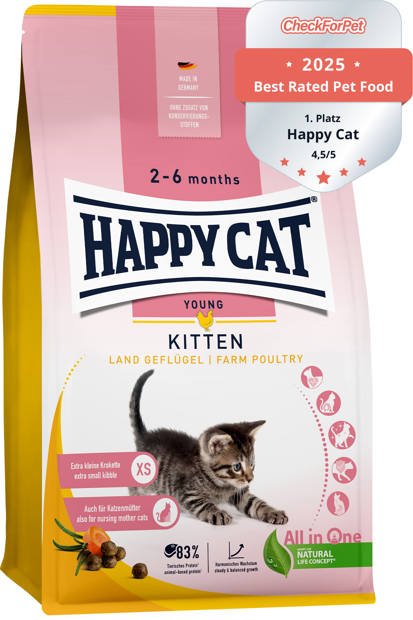 Eine Verpackung von "Happy Cat"-Katzenfutter für Jungtiere (2-6 Monate), zeigt ein Kätzchen, enthält Text "Land Geflügel", "Made in Germany" und Symbole für Nährstoffe und Wachstumsunterstützung.