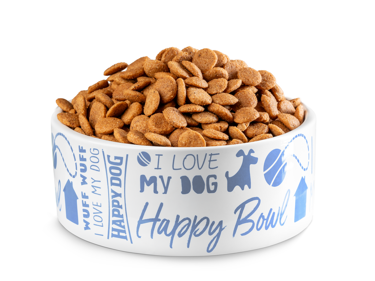 Ein weißer Napf mit blauer Aufschrift "I LOVE MY DOG, HAPPY DOG, HAPPY BOWL", gefüllt mit braunem Hundefutter, steht auf einer weißen Fläche.