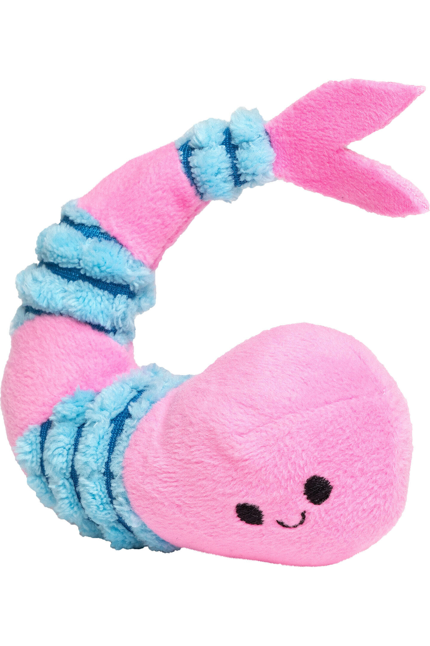 Plüsch-Shrimp in Pink und blau, steht lächeln auf einer Oberfläche.