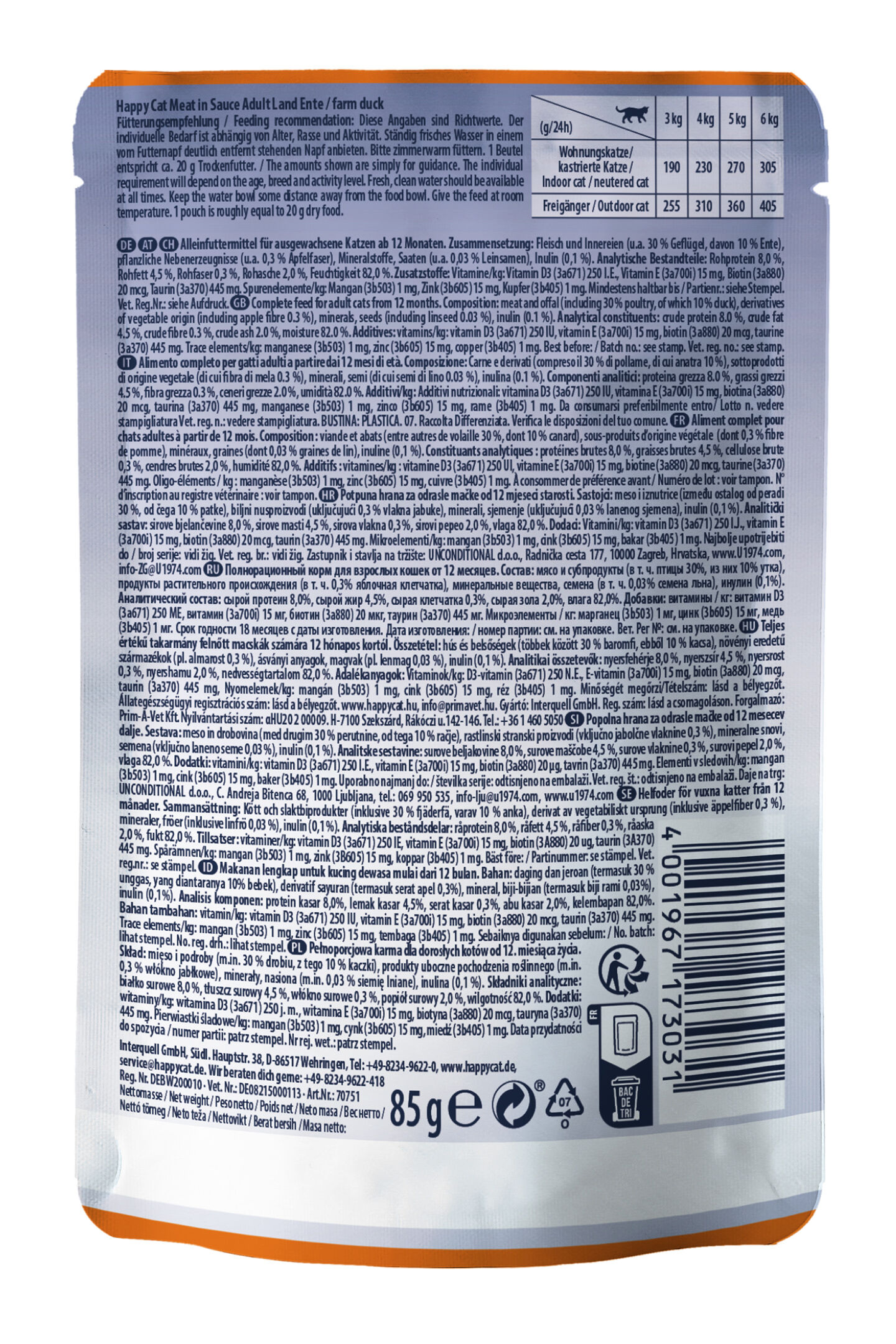 Verpackung eines Katzenfutters "Happy Cat Meat in Sauce Adult Land Ente" mit Fütterungsempfehlungen, Zusammensetzungsangaben und Ernährungsinformationen in verschiedenen Sprachen, 85g.