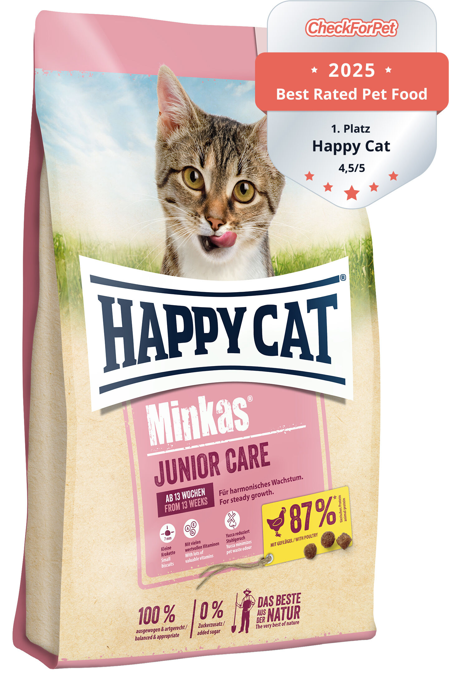 Katzenfutter-Verpackung, zeigt Katze mit heraushängender Zunge, Text: "Happy Cat Minkas Junior Care, ab 13 Wochen, für harmonisches Wachstum". Auszeichnungen: "Best Rated Pet Food 2023, 4,7/5".