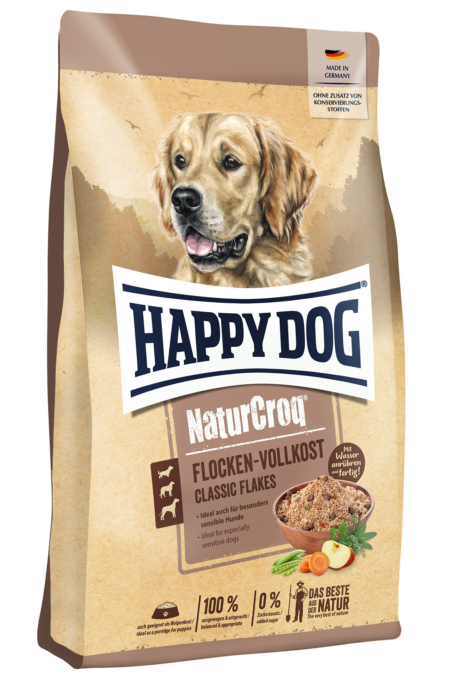 NaturCroq Flocken-Vollkost Verpackung von Happydog NaturCroq Flocken-Vollkost für Hunde zeigt Hundegesicht, Schüssel mit Flocken, Hinweise „Made in Germany“ und „Ohne Zusatz von Konservierungsstoffen“.