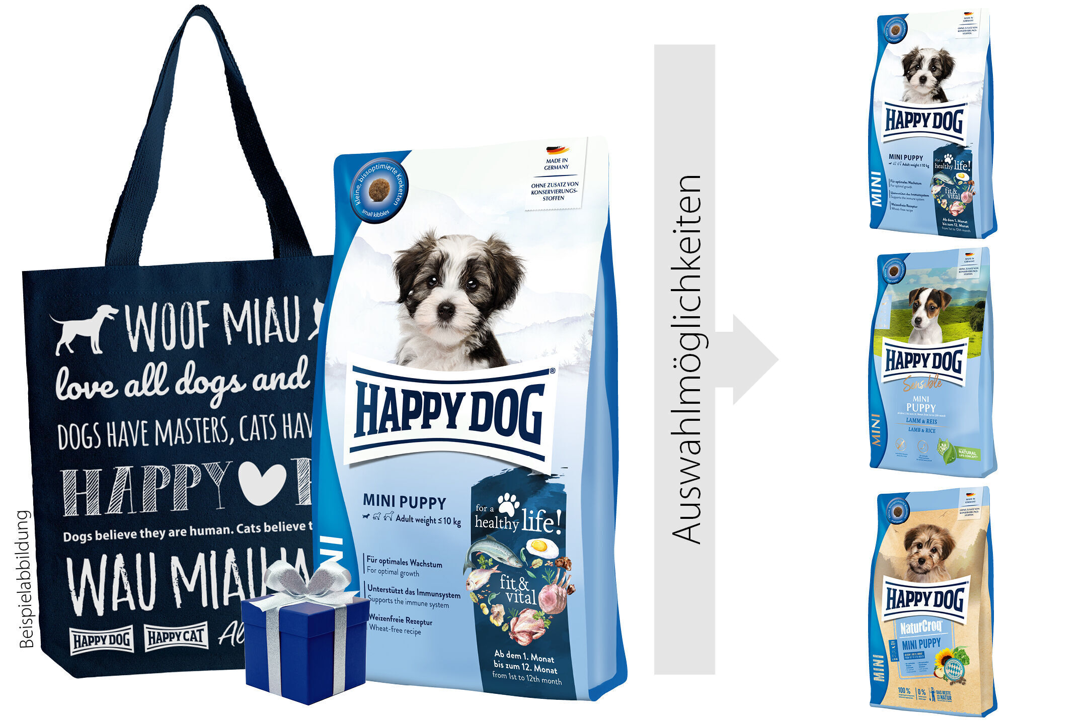 Einkaufstasche mit Hunde- und Katzensprüchen, bepackt mit Happydog-Welpenfutter. Auswahlmöglichkeiten verschiedener Sorten.
Text auf Tasche: "Woof Miau love all dogs and cats. Dogs have masters, cats have staff."