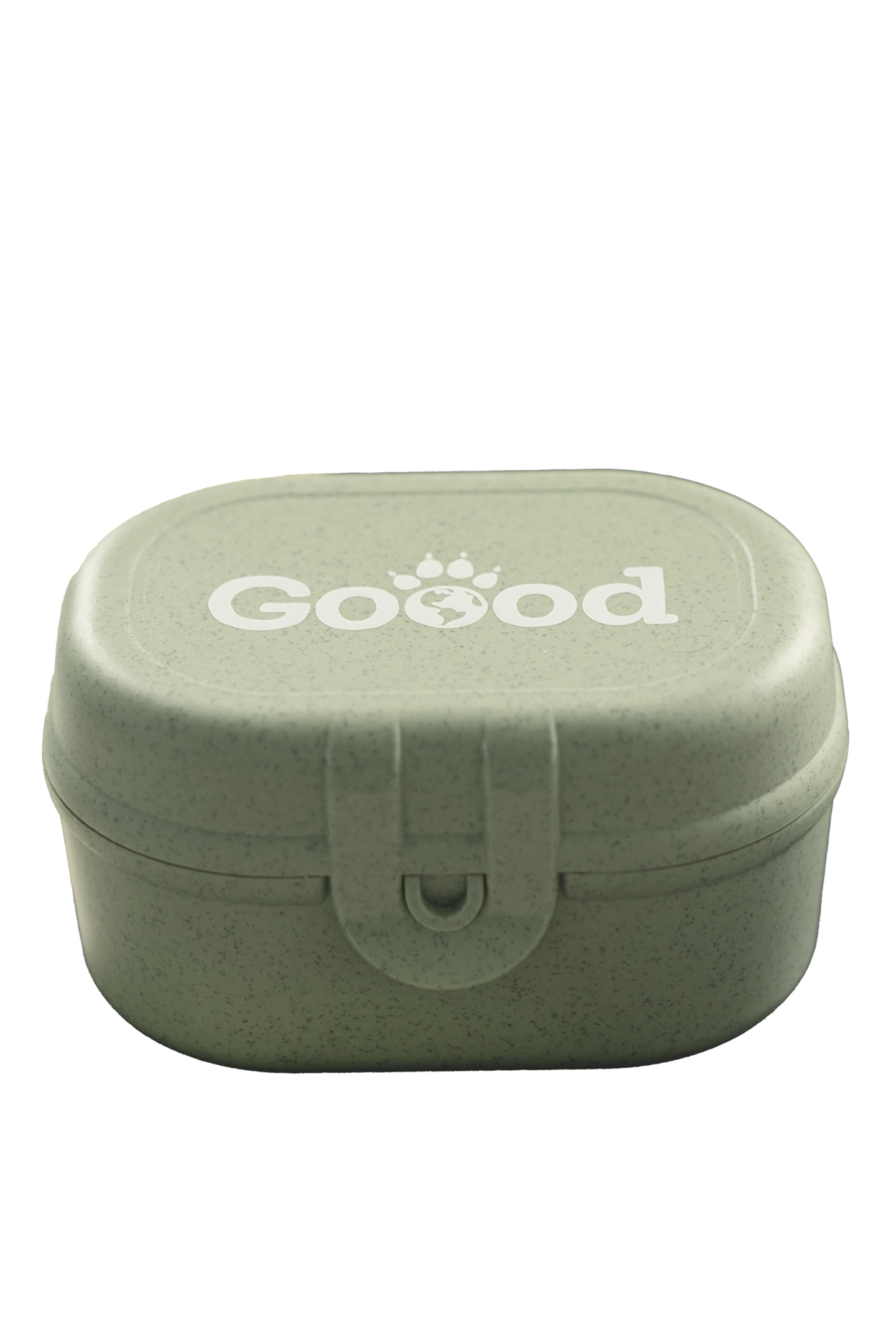 Leckerlibox Grüne rechteckige Box mit Klappverschluss. Markentext "Goood" auf dem Deckel.