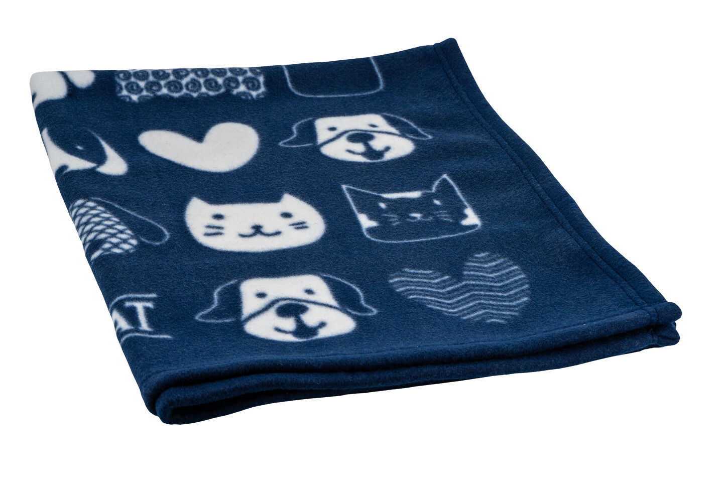 Kuscheldecke Dunkelblaue Decke mit weißen Motiven von Hund- und Katzengesichtern sowie Herzen und geometrischen Mustern, gefaltet auf einem neutralen Hintergrund.