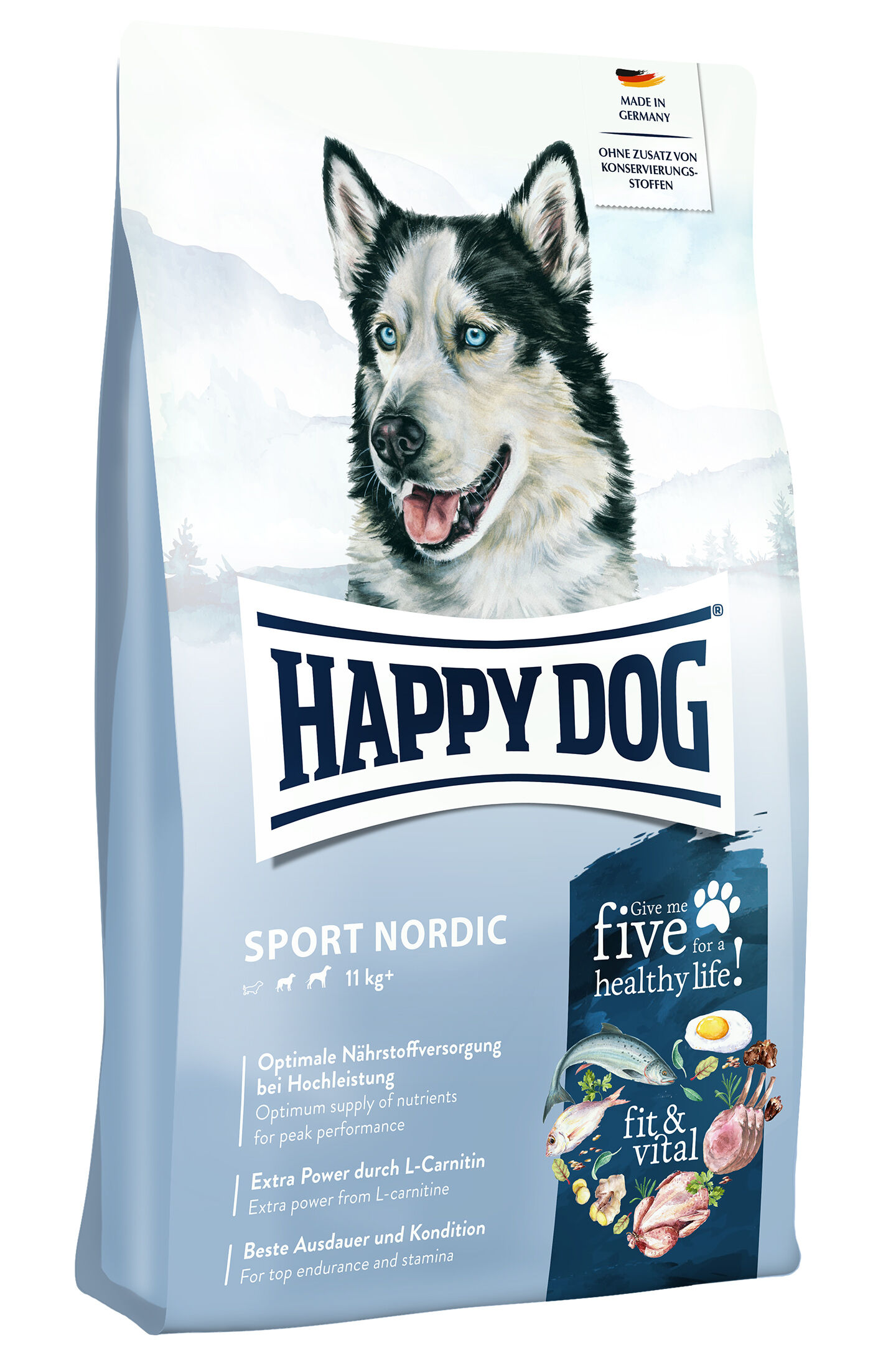 Eine Tüte Hundefutter von Happy Dog namens "Sport Nordic", zeigt einen Husky. Text: "Made in Germany, ohne Zusatz von Konservierungsstoffen." Enthält Details zur Nährstoffversorgung.