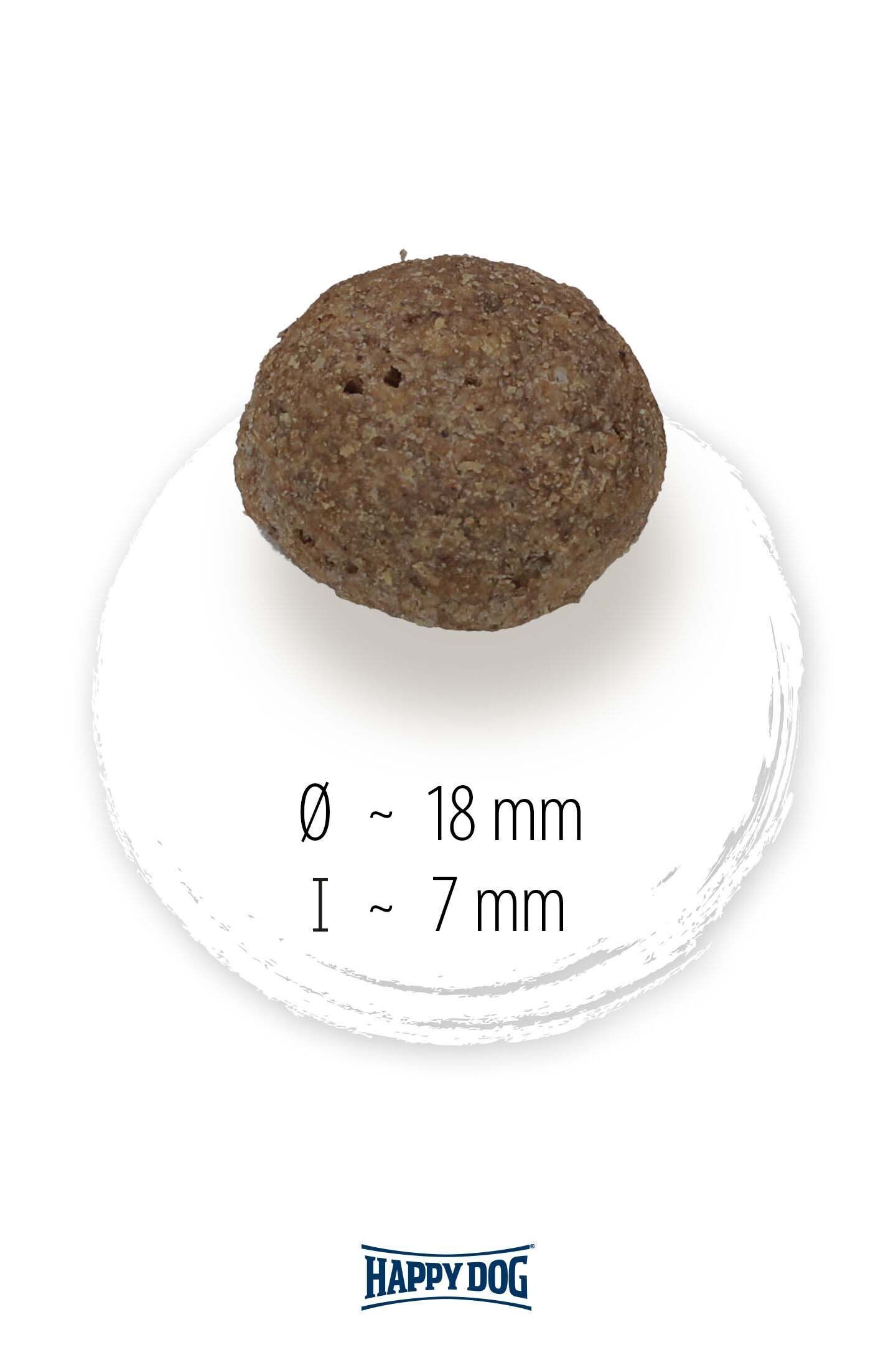 Futtermittelkugel mit 18 mm Durchmesser und 7 mm Höhe auf weißem Hintergrund. Unten steht "Happydog".