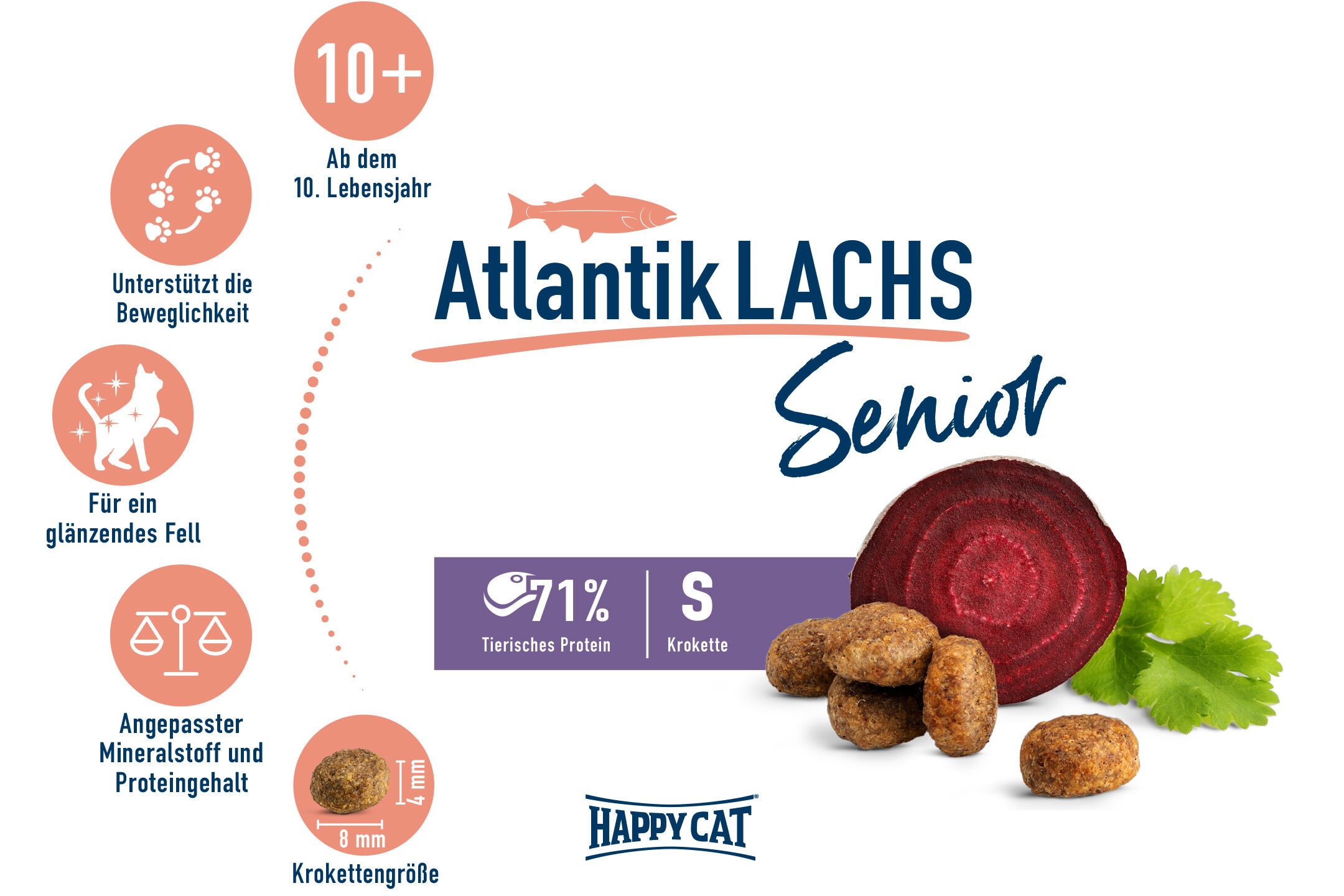 Das Bild zeigt Happycat Katzenfutter „Atlantik Lachs Senior“ mit Text: „Ab dem 10. Lebensjahr“, „71% tierisches Protein“. Symbole: Beweglichkeit, glänzendes Fell, Mineralstoffgehalt, Krokettenbild.