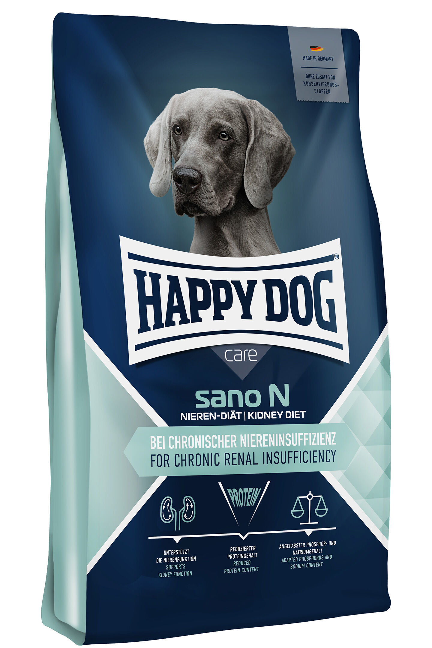 Hundetrockenfutter-Verpackung "Happydog sano N" für chronische Niereninsuffizienz, mit Hundebild. Text: "Unterstützt die Nierenfunktion", "Reduzierter Proteingehalt", "Angepasster Phosphor- und Natriumgehalt".