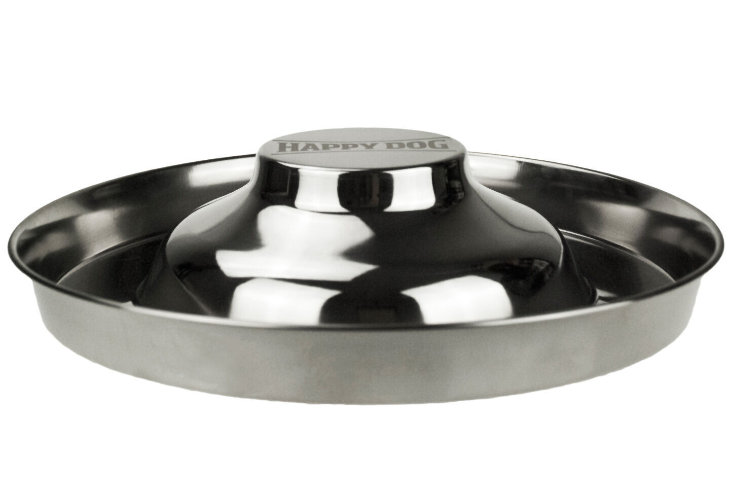 Edelstahl-Welpennapf Ein Edelstahlnapf mit erhöhtem Mittelteil, mit "Happy Dog" beschriftet, dient als Futternapf für Haustiere.