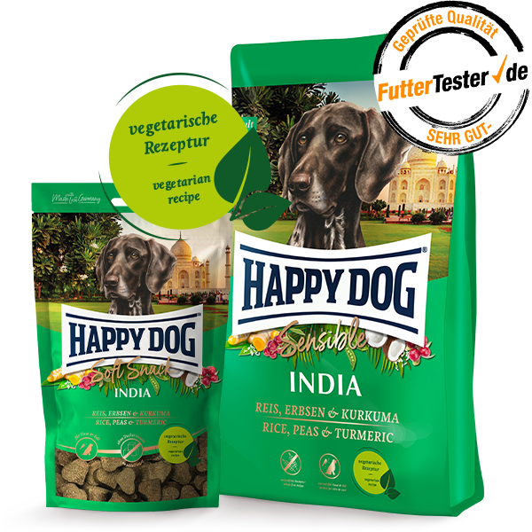 Darstellung des Hundesnacks und des Futtersacks von Happy Dog Sensible in der Sorte India. Die Auszeichnung von FutterTester mit der Note Sehr Gut ist beigefügt.