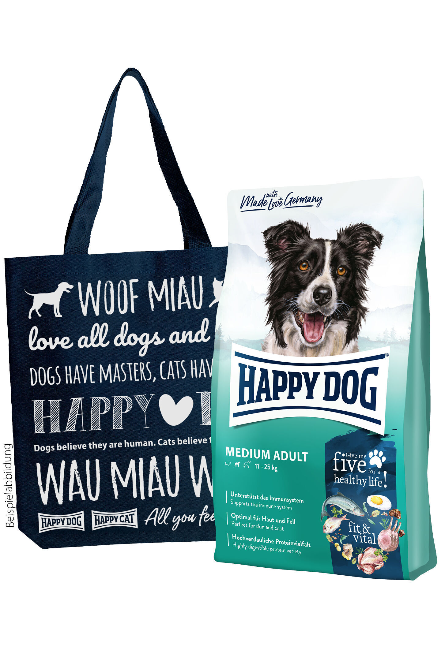 Einkaufstasche mit Hundemotiven und Text: „WOOF MIAU love all dogs and cats...“ neben einer Hundefutterverpackung „HAPPY DOG Medium Adult“. Text: „Unterstützt das Immunsystem, Optimal für Haut und Fell...“
