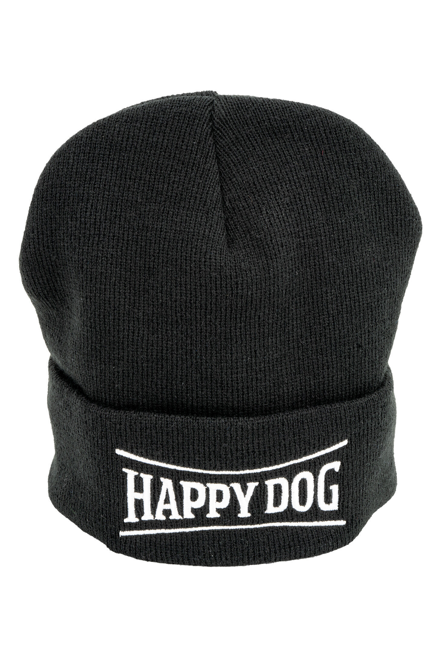 Mütze Schwarze Strickmütze mit umgeschlagenem Rand, auf dem „HAPPY DOG“ in weißer Schrift steht.