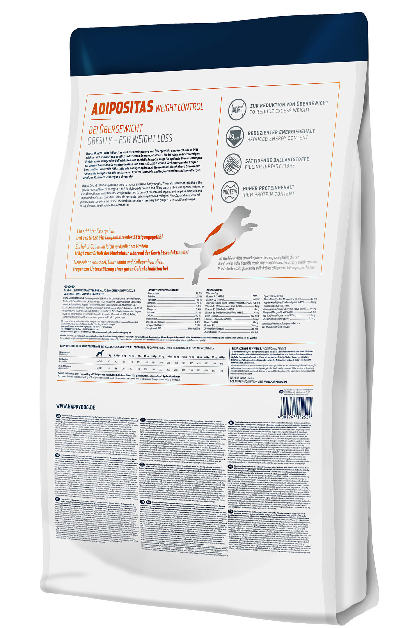 Verpackung für Hundefutter von Happydog zur Gewichtsreduktion, enthält Informationen zu Inhaltsstoffen, Gebrauchsanweisung, und Nährwerten. Webseite: www.happydog.de.