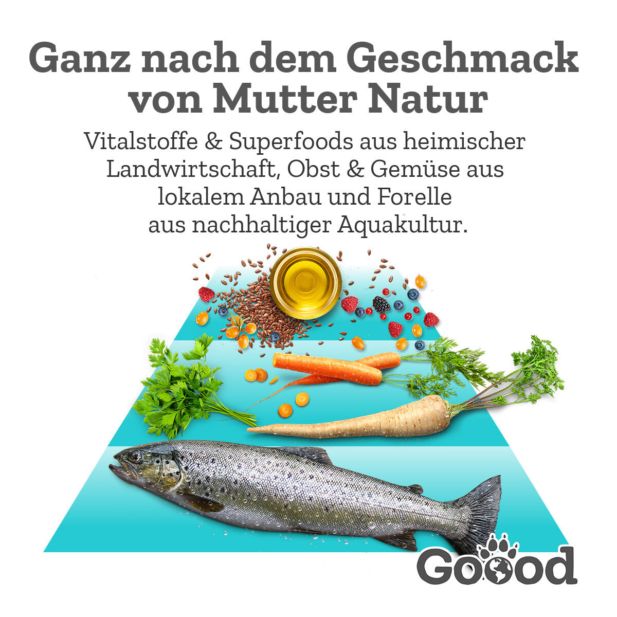 Naturbelassene Zutaten wie Forelle, Gemüse und Samen auf einem blauen Hintergrund, begleitet von Text: „Ganz nach dem Geschmack von Mutter Natur... nachhaltiger Aquakultur.“ Marke „Goood“.