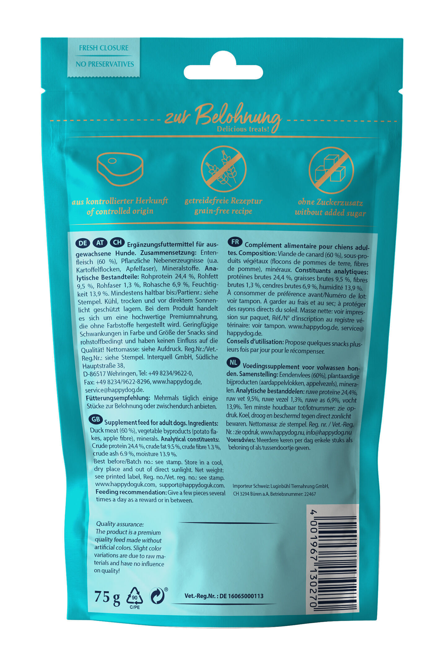 Hundeleckerli-Packung "Happydog" mit Text: "zur Belohnung", "aus kontrollierter Herkunft", "getreidefreie Rezeptur", "ohne Zuckerzusatz". Inhalt: Entenfleisch. Nettomenge: 75g. Fütterungsempfehlung: mehrmals täglich. Haltbarkeit: auf Stempel.