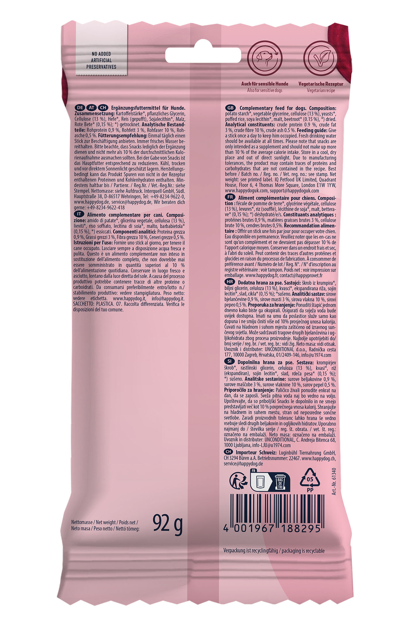 Verpackungsrückseite der Dental Rolls Kaustangen von Happy Dog mit Zahnpflegeeffekt für Hunde