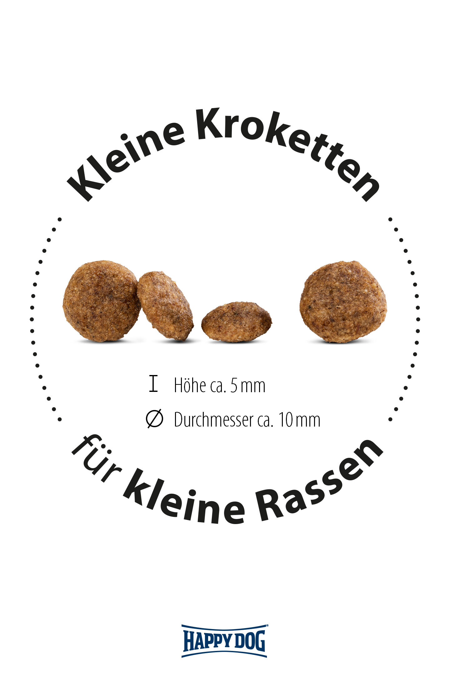 Kleine Kroketten für kleine Rassen, Höhe ca. 5 mm, Durchmesser ca. 10 mm, Happydog-Logo unten.