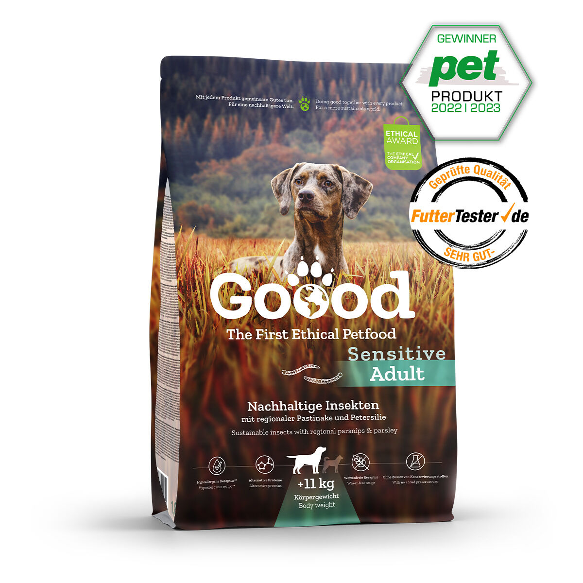 Sensitive Adult - Nachhaltige Insekten Eine Packung "Goood" Hundefutter mit nachhaltigen Insekten, regionalen Pastinaken und Petersilie. Enthält Zertifizierungen und Siegel für ethische und geprüfte Qualität.