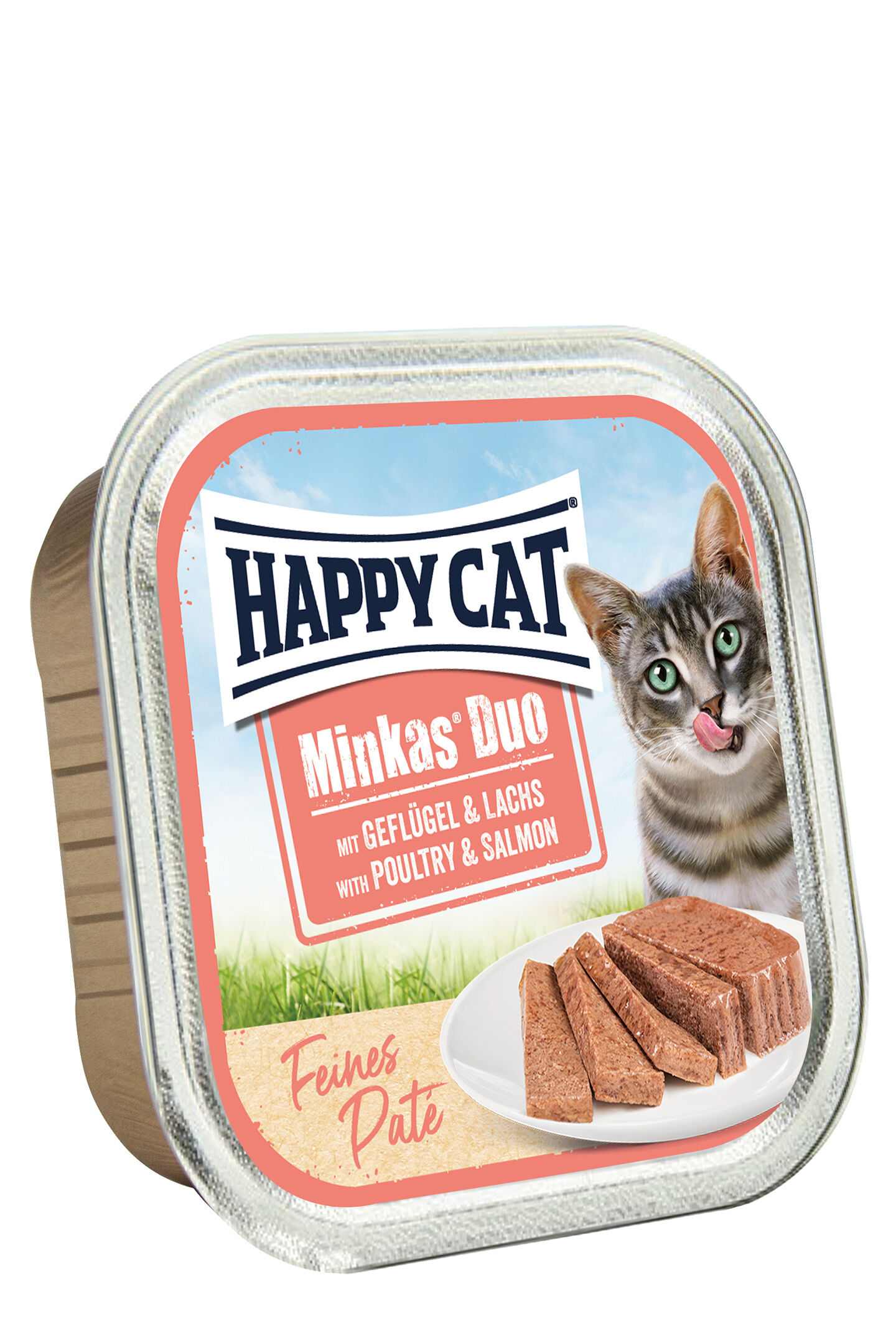 Eine quadratische Schale zeigt ein Katzenfutterprodukt namens "Happy Cat Minkas Duo" mit Geflügel und Lachs. Eine Katze leckt sich die Lippen.