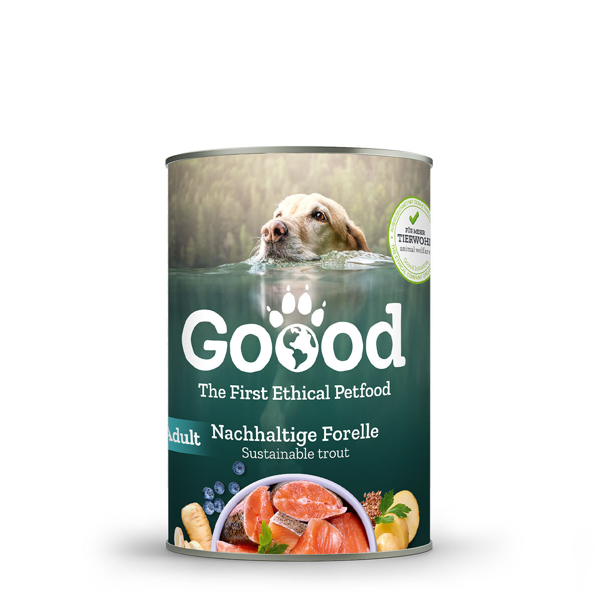 Eine Hundefutterdose mit Label "Goood The First Ethical Petfood", zeigt einen Hund im Wasser und Zutaten wie Forelle und Gemüse. Sie betont tierfreundliche Nachhaltigkeit.