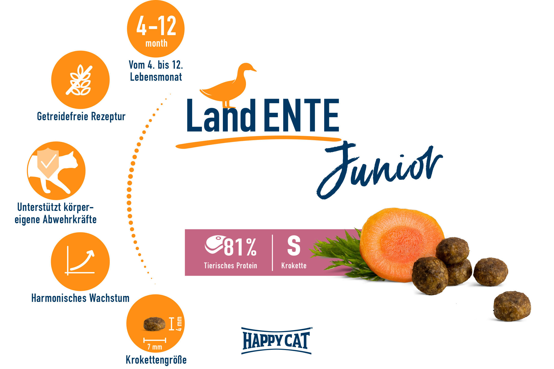 Abbildung zeigt das Etikett eines Katzenfutters "LandENTE Junior" für Kätzchen von 4-12 Monaten. Getreidefreie Rezeptur, unterstützt Abwehrkräfte, harmonisches Wachstum. Mit 81% tierischem Protein. Marke: Happy Cat.