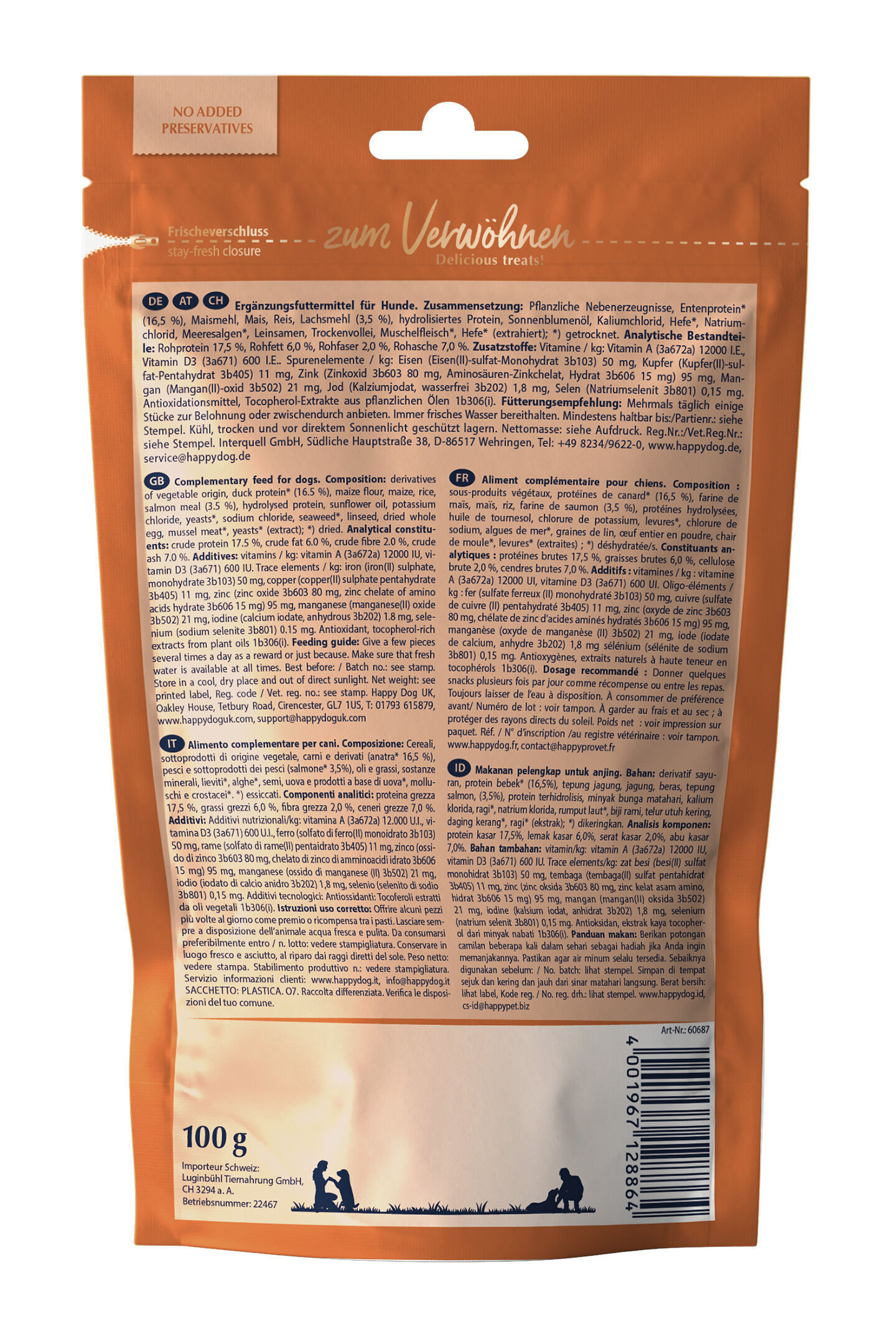 Hundesnacks-Verpackung der Marke "Happydog", braunes Design. Enthält Zusammensetzung, analytische Bestandteile und Fütterungsempfehlung. Text in mehreren Sprachen vorhanden. Enthält 100g Produkt. Frischeversiegelung betont.