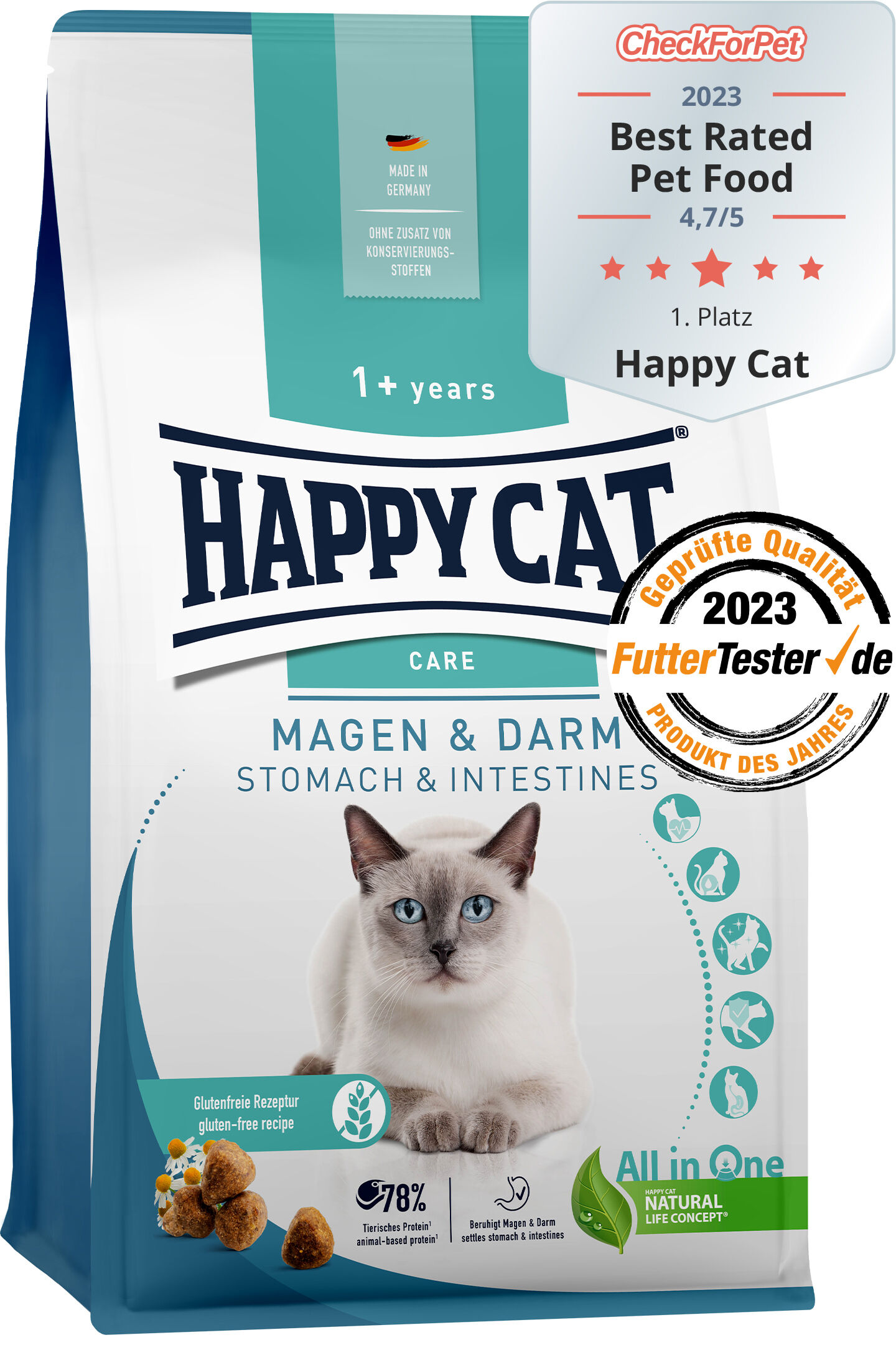 Eine Verpackung für Katzenfutter der Marke Happy Cat zeigt eine Katze, mit Texten "Magen & Darm", "glutenfreie Rezeptur" und "Made in Germany". Zertifikate loben Produktqualität.