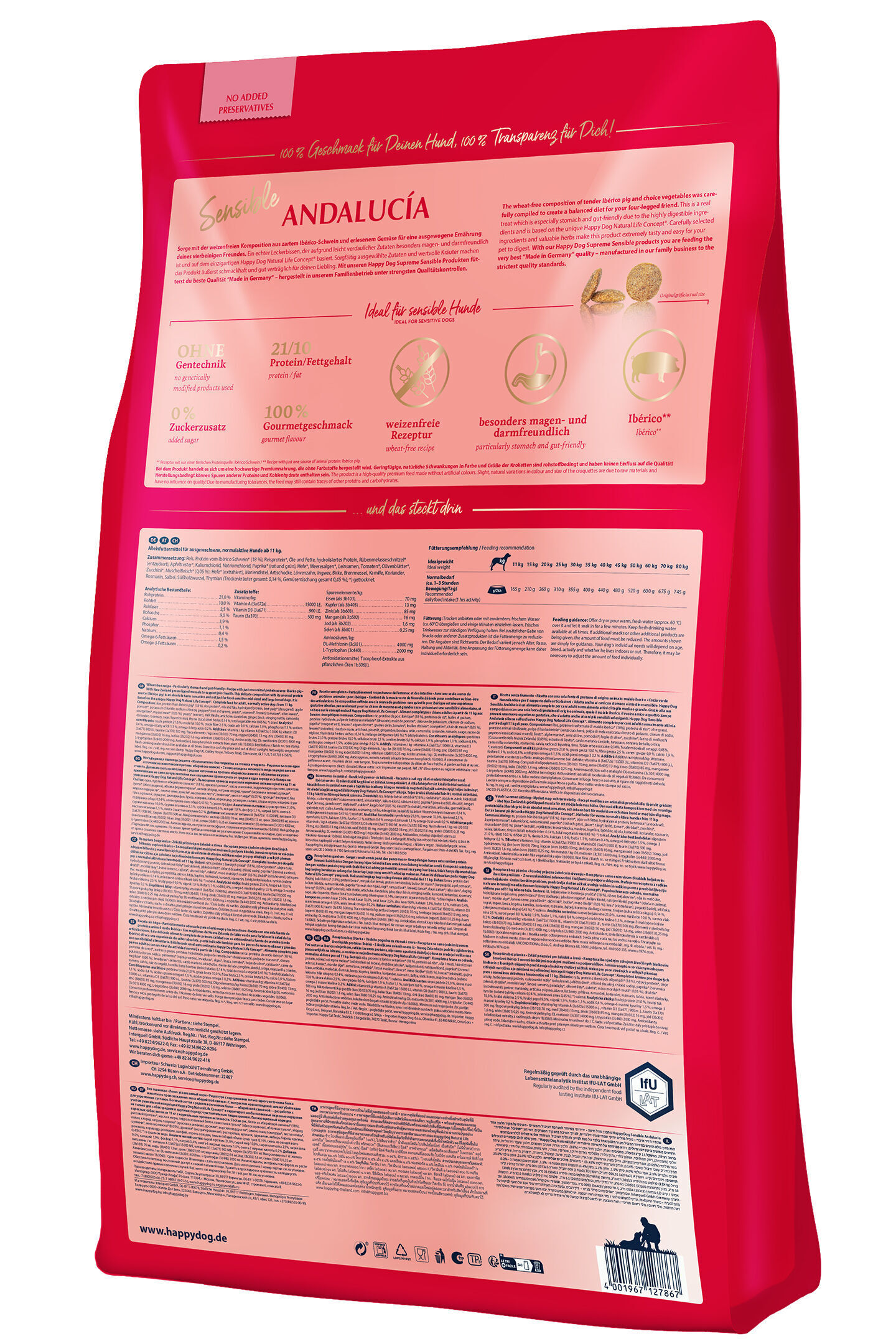 Roter Beutel mit Hundefutter von Happydog namens „Sensibel Andalucía“, zeigt Nährwertangaben, Zutatenliste und empfohlene Fütterungsmengen, betont weizenfreie Rezeptur und magenfreundliche Eigenschaften. Text: happy-dog.de.