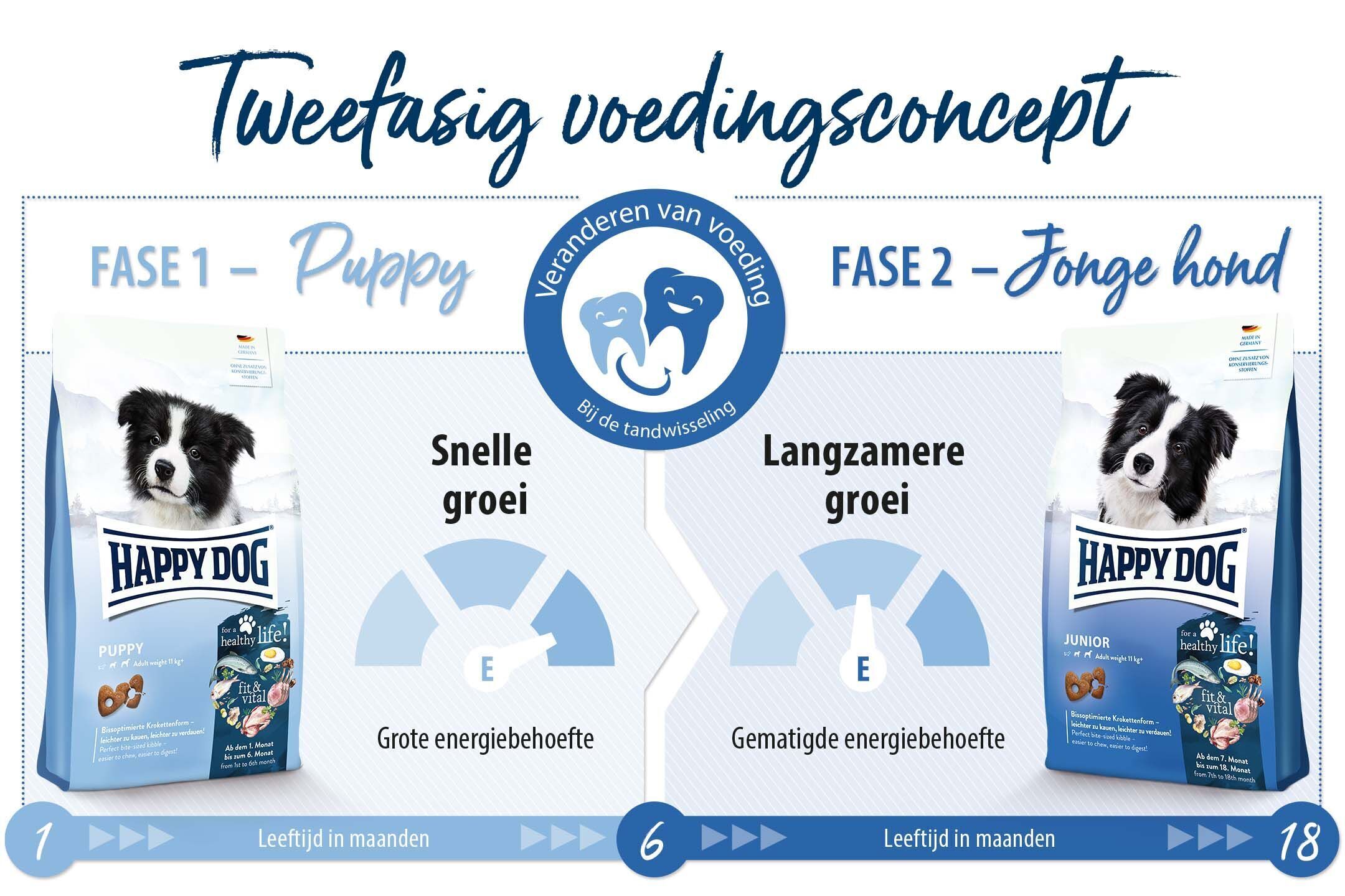 Happy Dog Futterdiagramm; zeigt zwei Phasen fรผr Welpen- und Junghundernรคhrung mit unterschiedlichem Energiebedarf, illustriert durch Verpackungen und Wachstumsgrafiken. Text: โTweefasig voedingsconceptโ, โSnelle groeiโ, โLangzamere groeiโ.