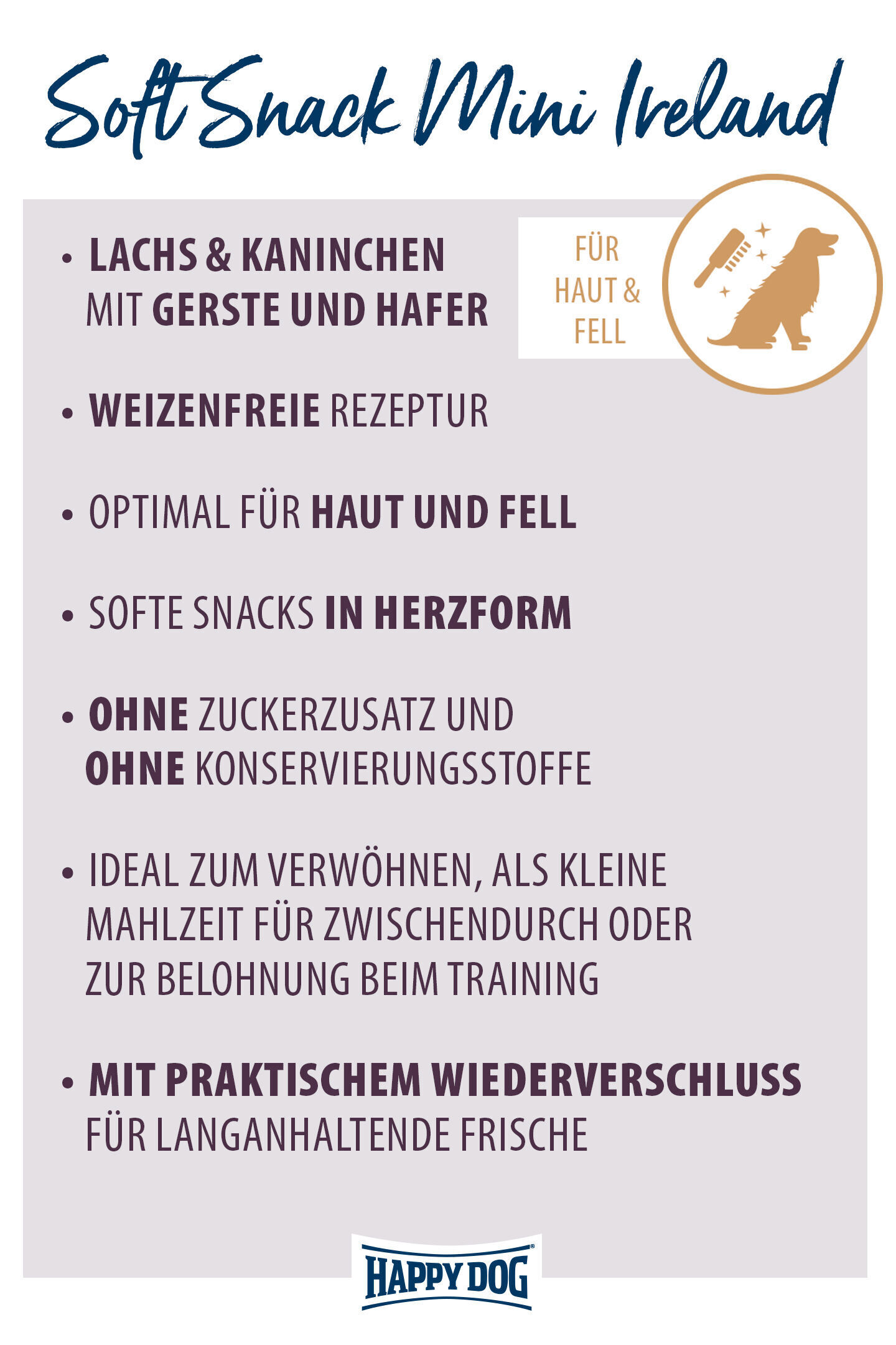 Verpackung für „Soft Snack Mini Ireland“: Enthält Lachs, Kaninchen, Gerste, Hafer, weizenfreie Rezeptur, herzförmige Snacks. Ohne Zucker und Konservierungsstoffe. Enthält Marke „Happy Dog“.