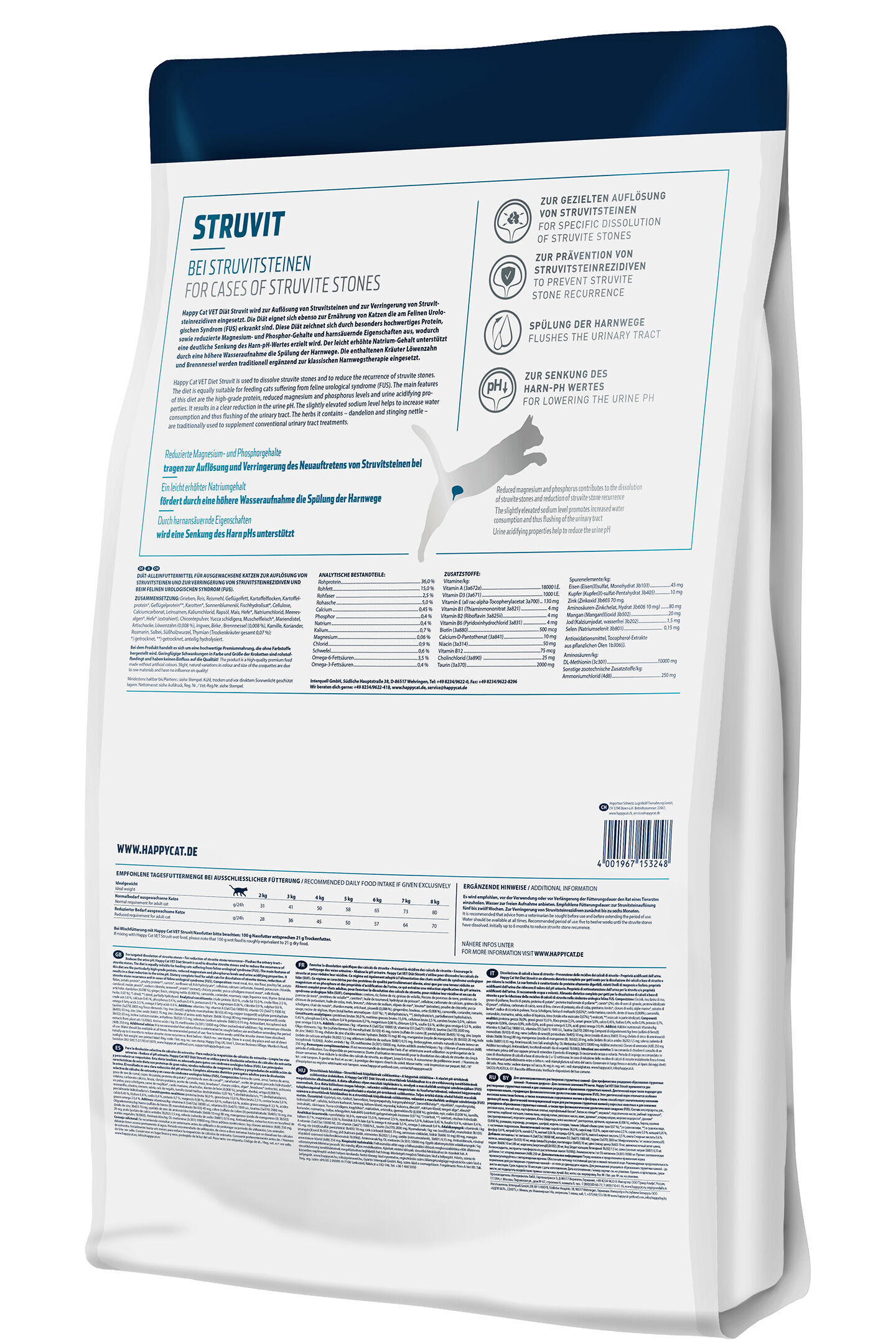 Verpackung von Happycat Heimtierfutter gegen Struvitsteine. Enthรคlt Text zu Auflรถsung, Prรคvention und pH-Senkung. Detaillierte Angaben zu Inhaltsstoffen und Fรผtterungsempfehlungen. Webseite: www.happycat.de.