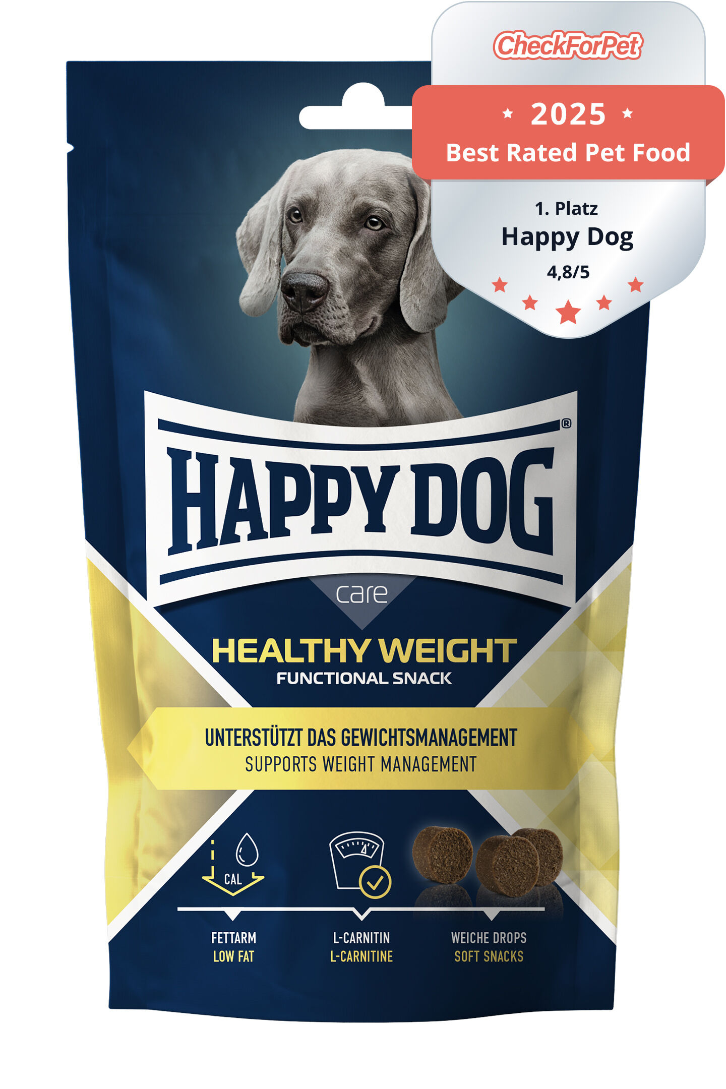 Verpackung mit Hundebild, Markennamen Happydog und Text: „Healthy Weight Functional Snack, unterstützt das Gewichtsmanagement, fettarm, L-Carnitin, weiche Drops, Made in Germany, ohne Zusatz von Konservierungsstoffen.“