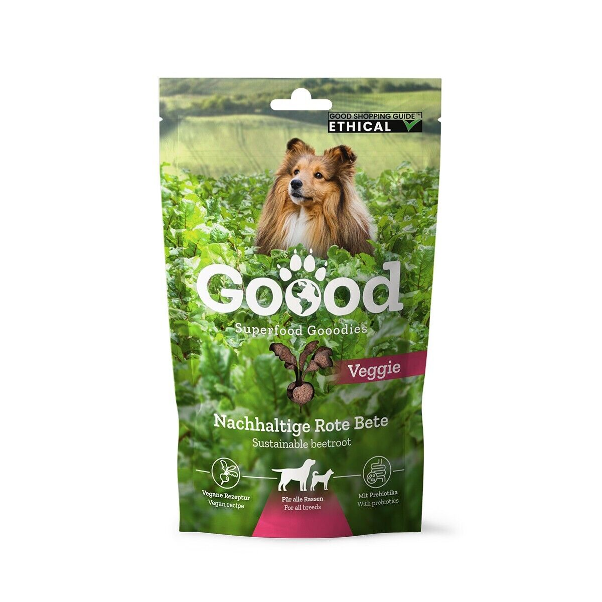 Verpackung mit dem Bild eines Hundes in einem Beet mit Rote Bete. Text: "Goood Superfood Goodies, Veggie, Nachhaltige Rote Bete, Vegane Rezeptur, Für alle Rassen, Mit Präbiotika."