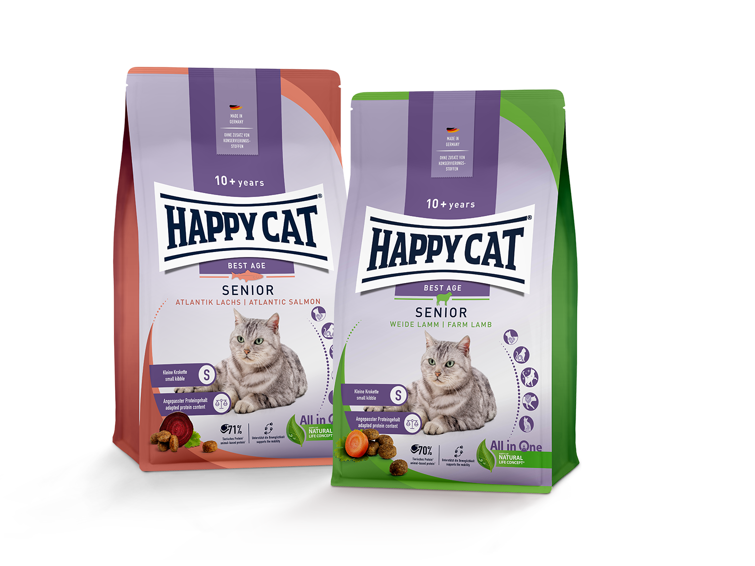 Zwei Säcke HappycatKatzenfutter für Senioren ab 10 Jahren, eine Sorte mit Atlantik-Lachs, die andere mit Weidelamm, zeigen Katzenbild und enthalten Proteinangaben.